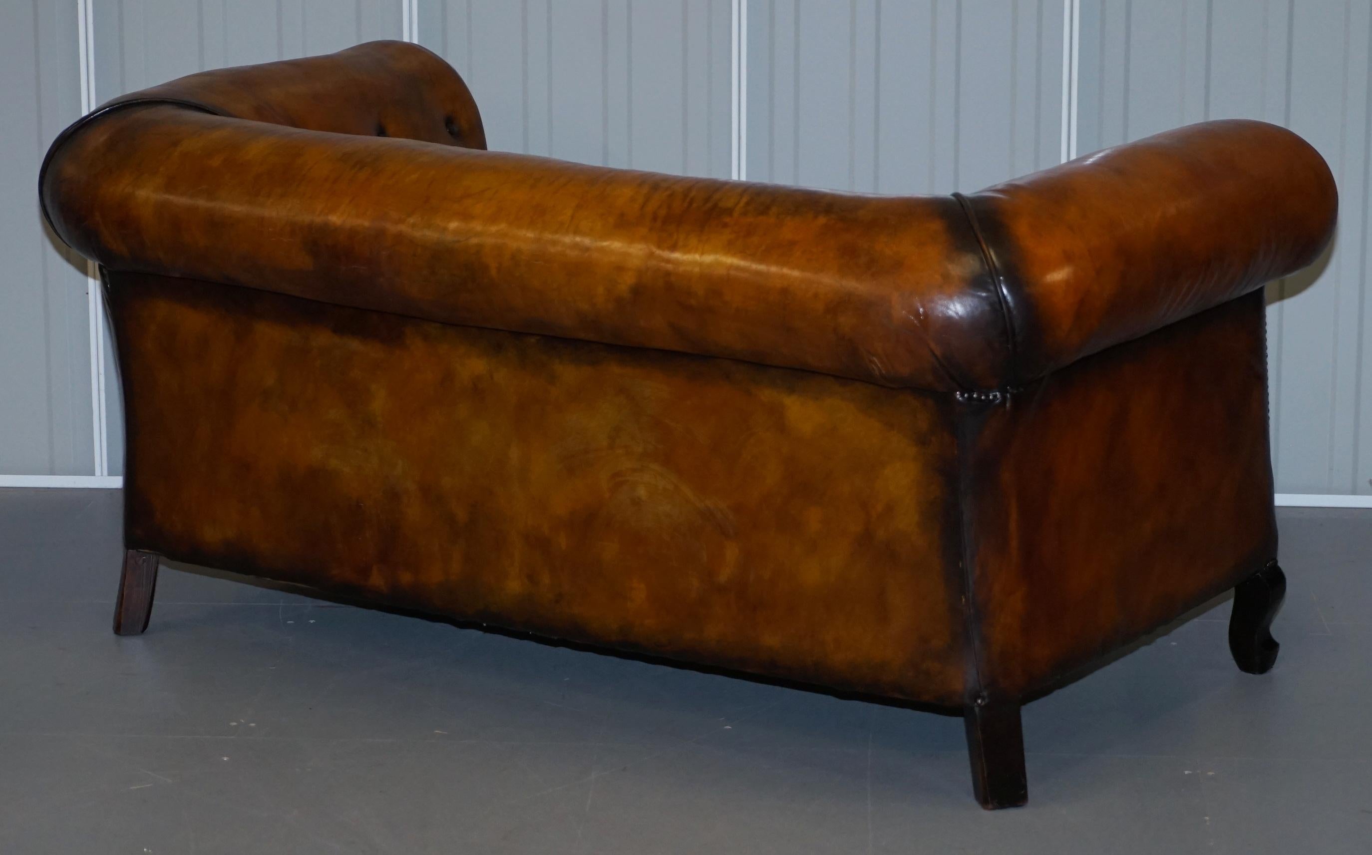 Pair of Restored Victorian Gentleman Club Chesterfield Leather Sofas Kilim Seats For Sale 5