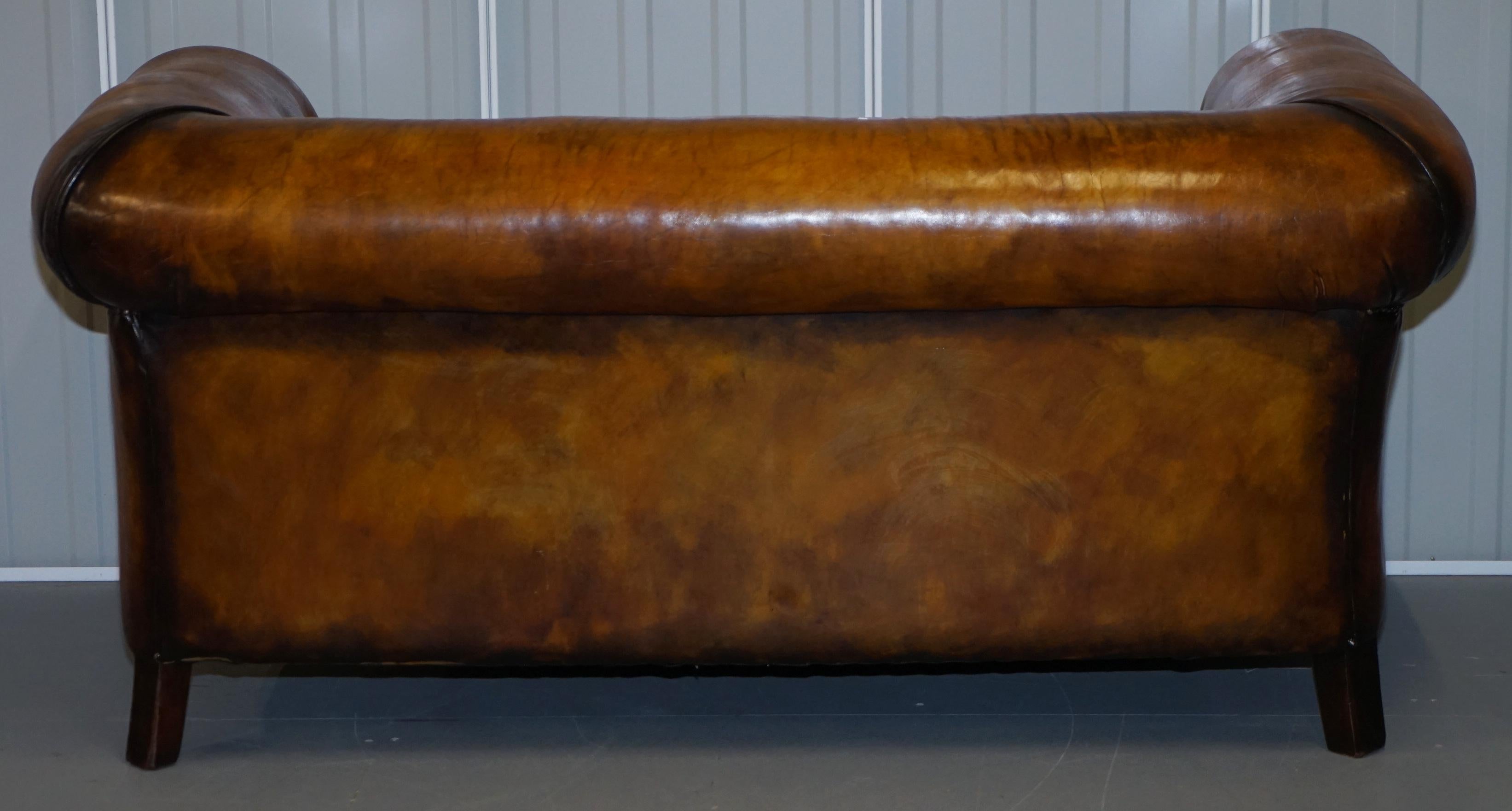 Pair of Restored Victorian Gentleman Club Chesterfield Leather Sofas Kilim Seats 4