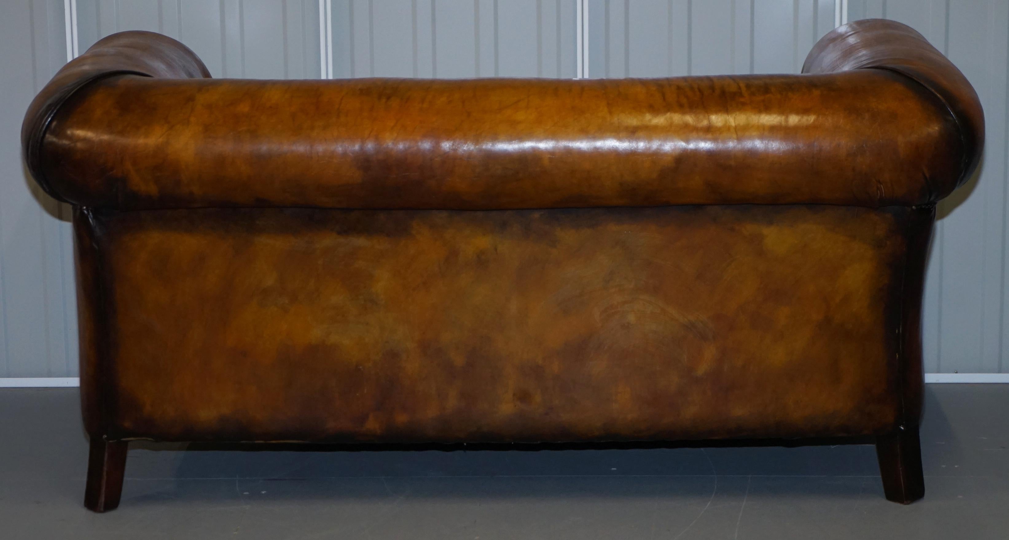 Pair of Restored Victorian Gentleman Club Chesterfield Leather Sofas Kilim Seats For Sale 6