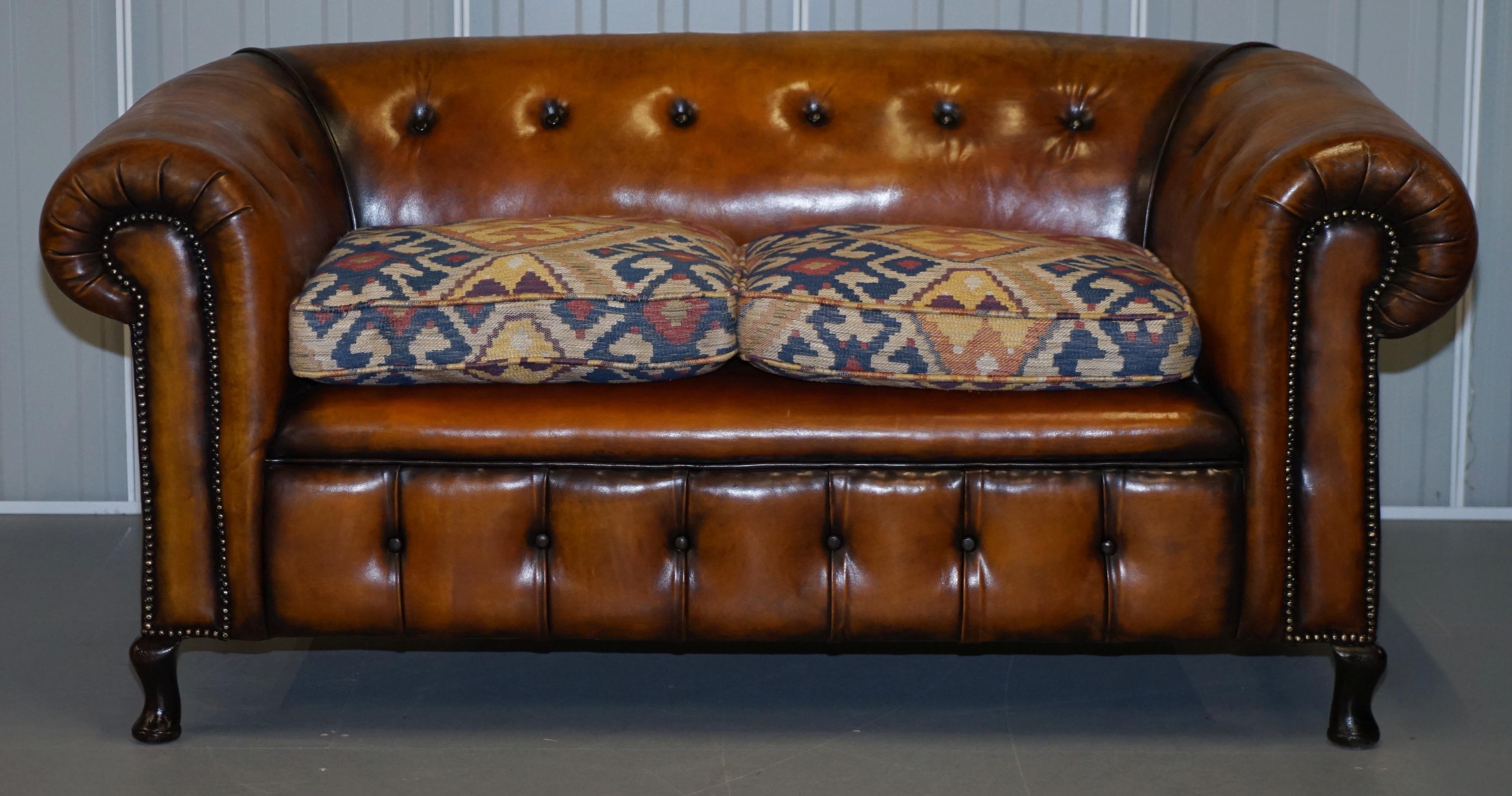 Pair of Restored Victorian Gentleman Club Chesterfield Leather Sofas Kilim Seats 6