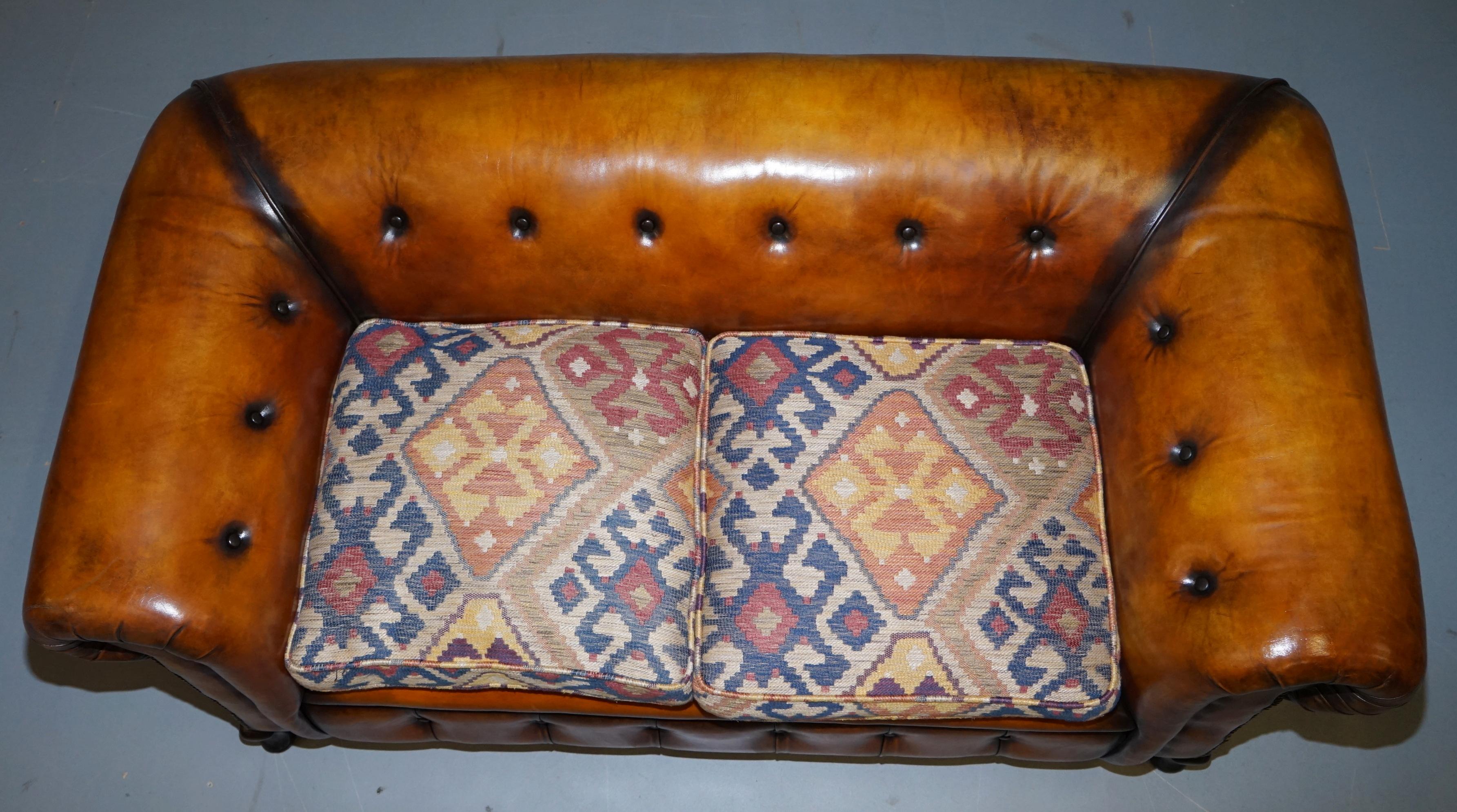 Pair of Restored Victorian Gentleman Club Chesterfield Leather Sofas Kilim Seats For Sale 9