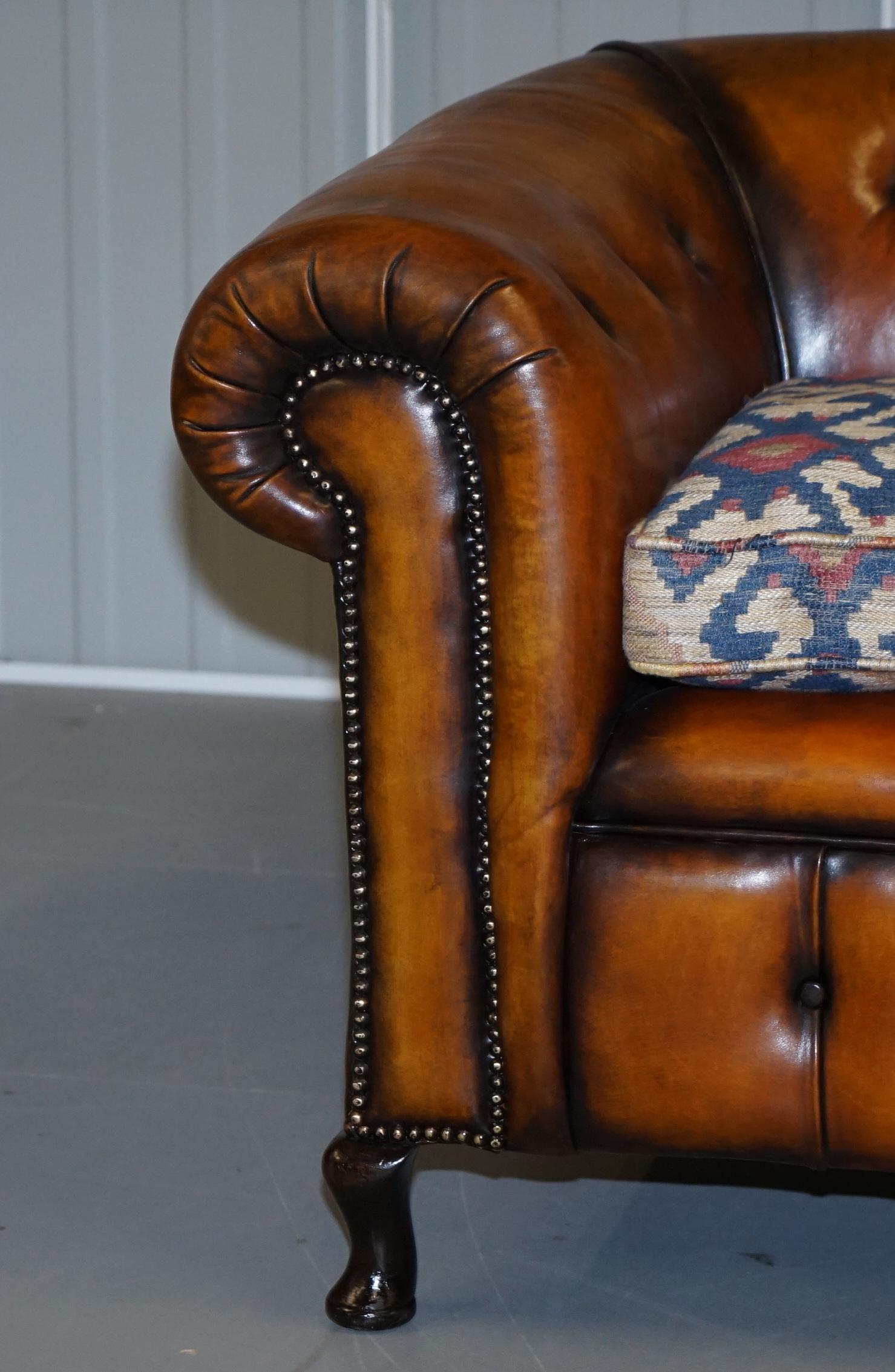 Pair of Restored Victorian Gentleman Club Chesterfield Leather Sofas Kilim Seats For Sale 11