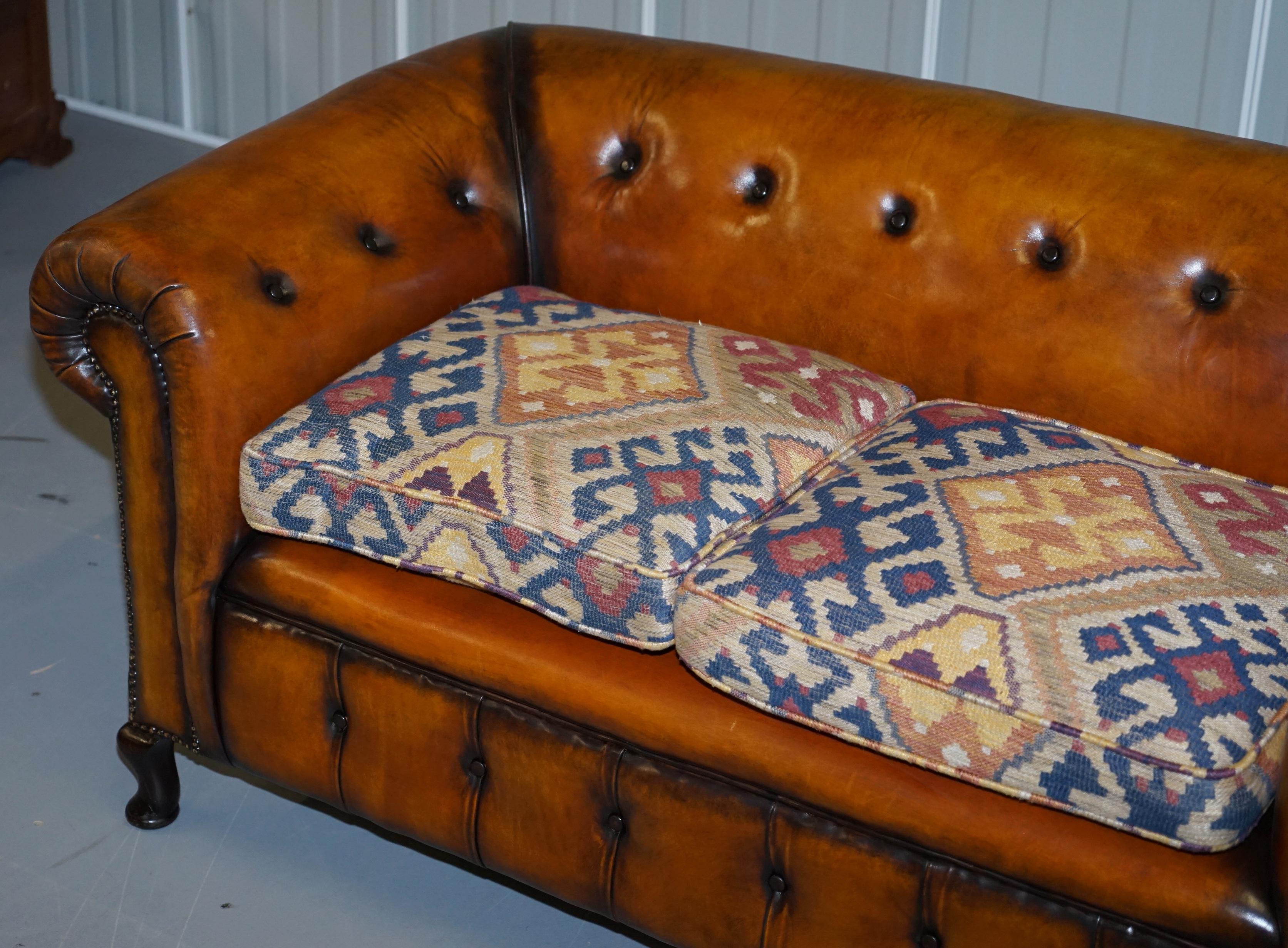 Pair of Restored Victorian Gentleman Club Chesterfield Leather Sofas Kilim Seats 11