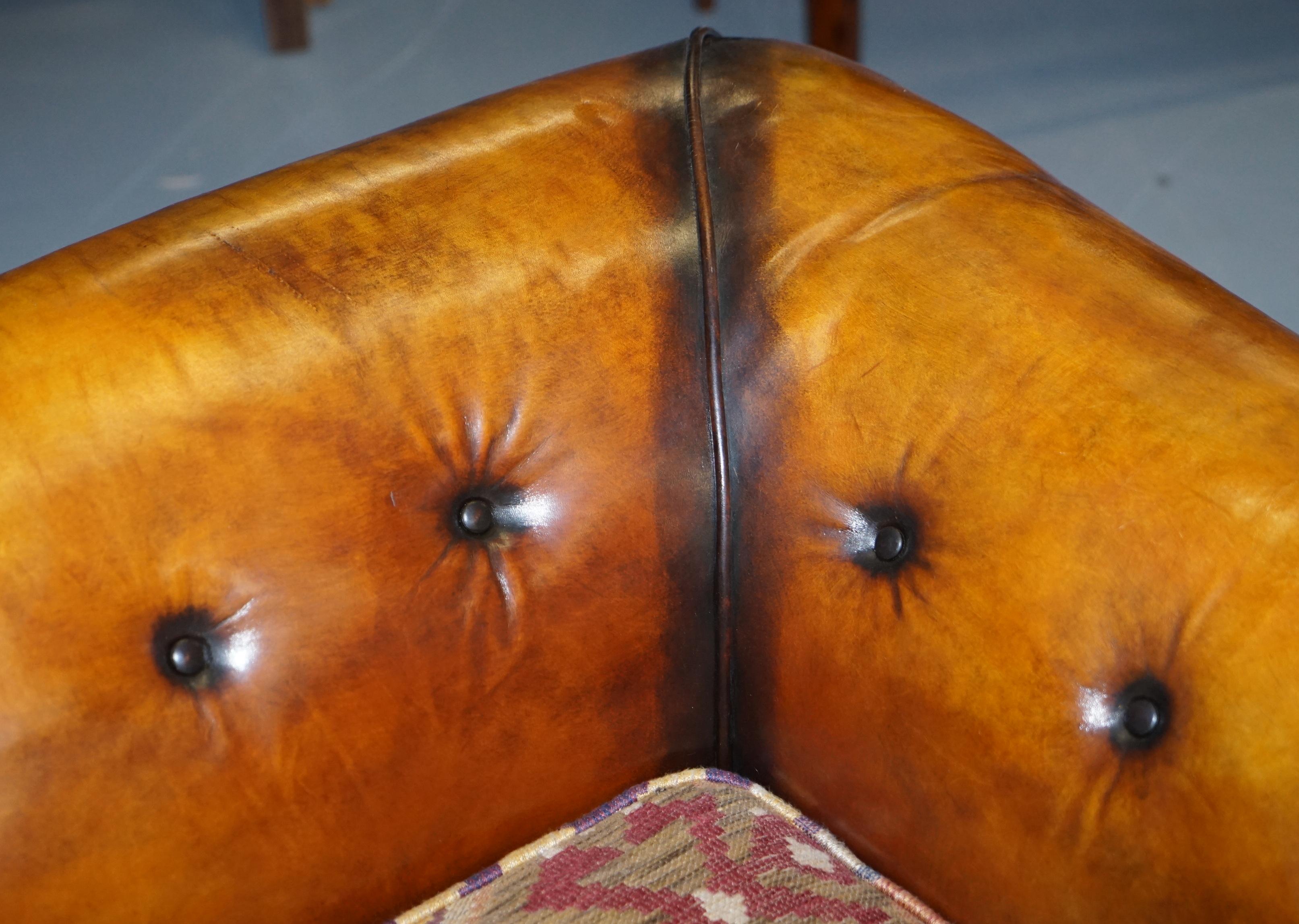 Pair of Restored Victorian Gentleman Club Chesterfield Leather Sofas Kilim Seats For Sale 15