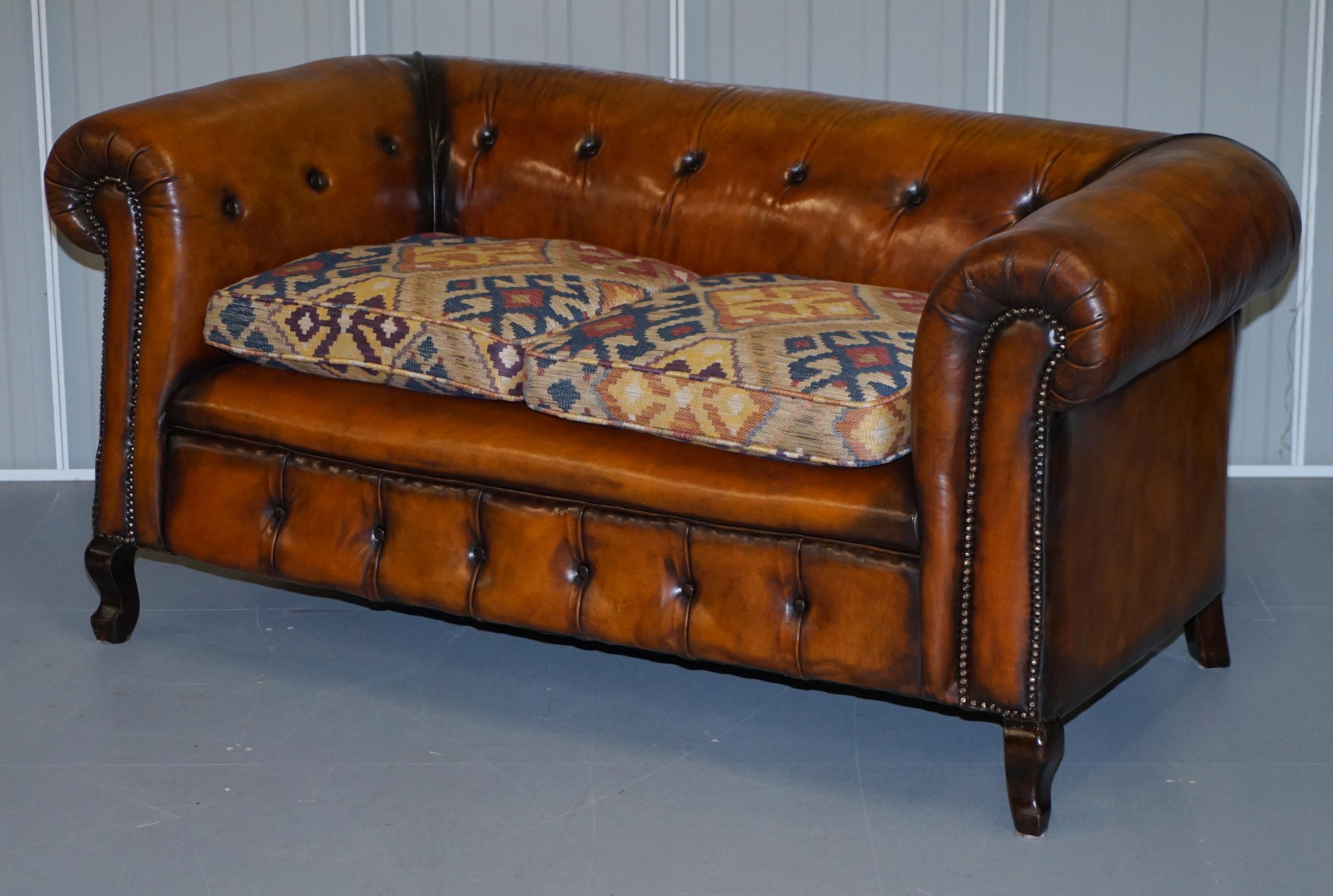 English Pair of Restored Victorian Gentleman Club Chesterfield Leather Sofas Kilim Seats