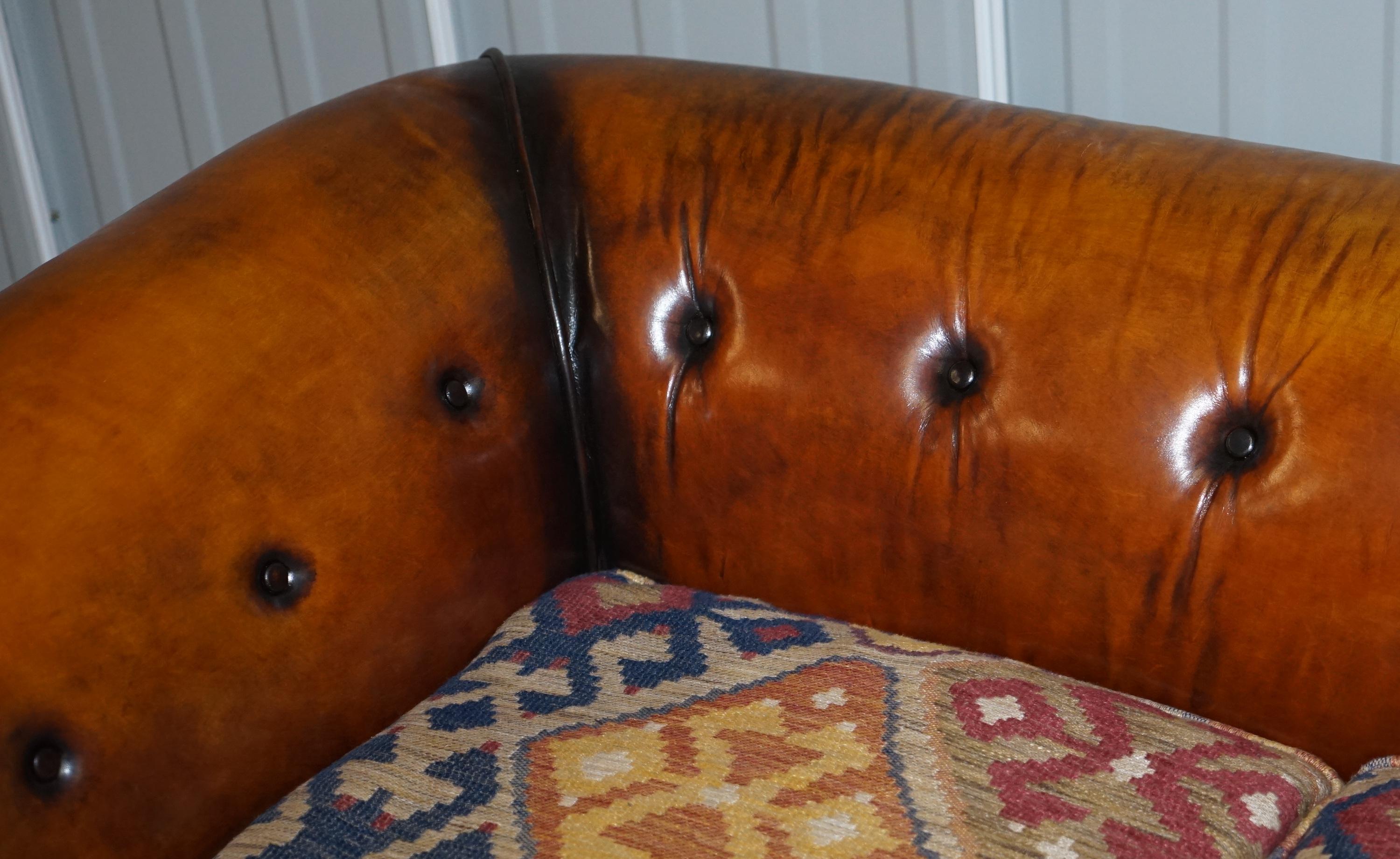 Pair of Restored Victorian Gentleman Club Chesterfield Leather Sofas Kilim Seats For Sale 2