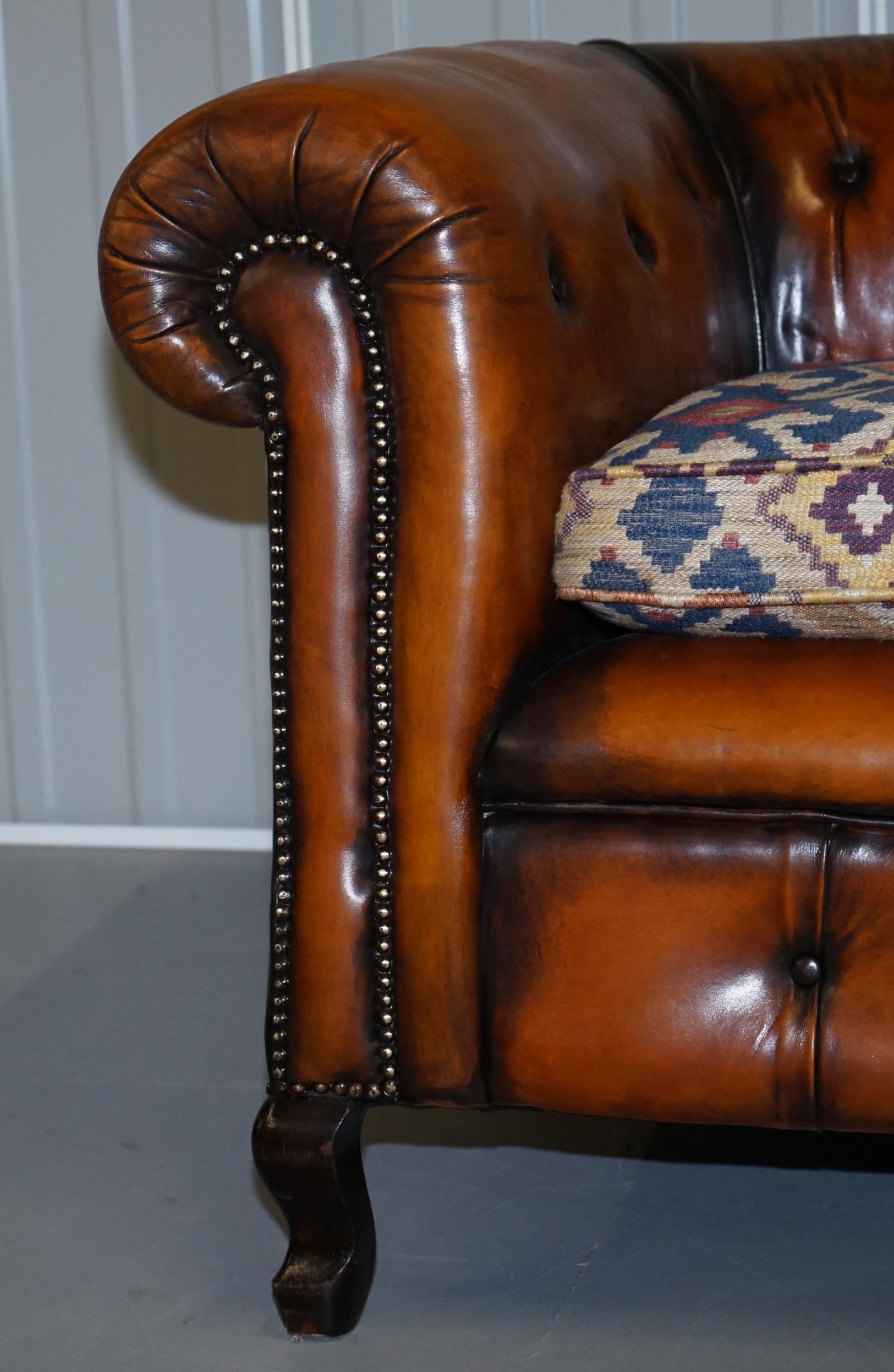 Pair of Restored Victorian Gentleman Club Chesterfield Leather Sofas Kilim Seats For Sale 3