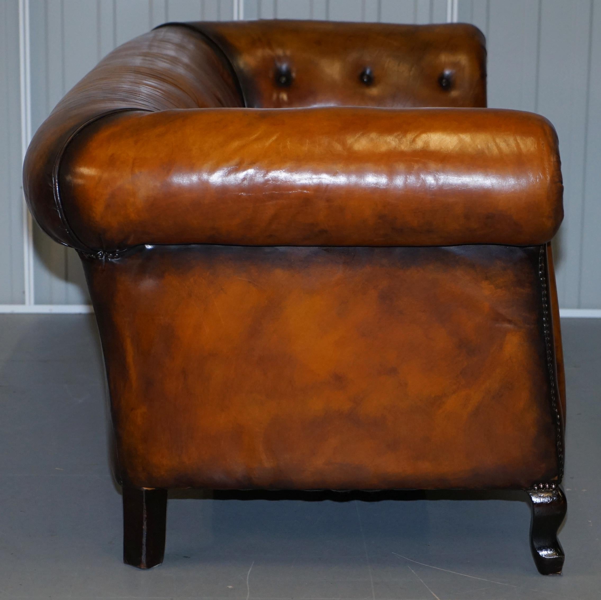 Pair of Restored Victorian Gentleman Club Chesterfield Leather Sofas Kilim Seats For Sale 4