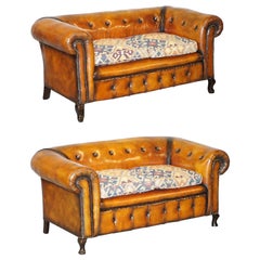 Pair of Restored Victorian Gentleman Club Chesterfield Leather Sofas Kilim Seats