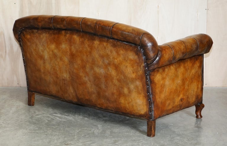 Pair of Restored Victorian Gentleman's Tufted Chesterfield Brown Leather Sofas For Sale 4