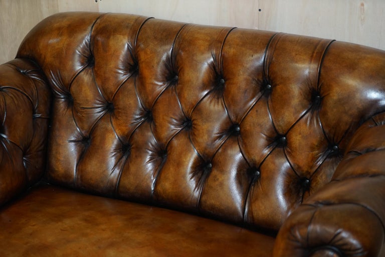 Pair of Restored Victorian Gentleman's Tufted Chesterfield Brown Leather Sofas For Sale 8