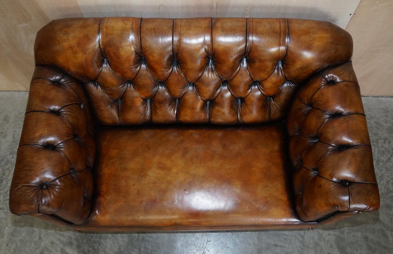 Pair of Restored Victorian Gentleman's Tufted Chesterfield Brown Leather Sofas For Sale 9