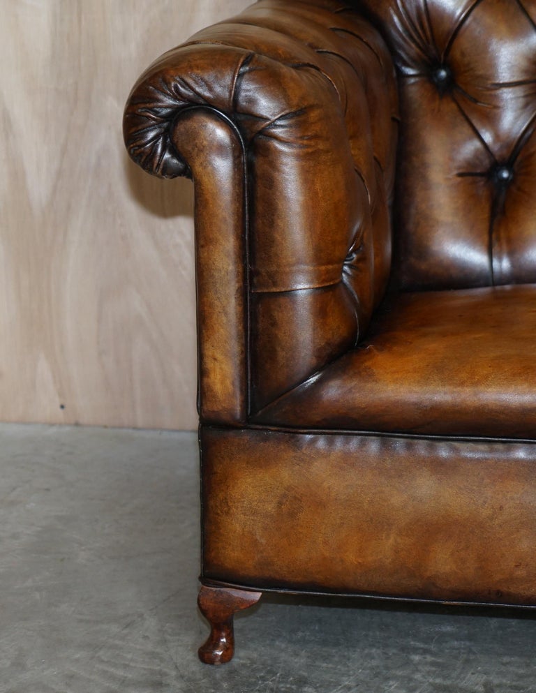 Pair of Restored Victorian Gentleman's Tufted Chesterfield Brown Leather Sofas For Sale 12