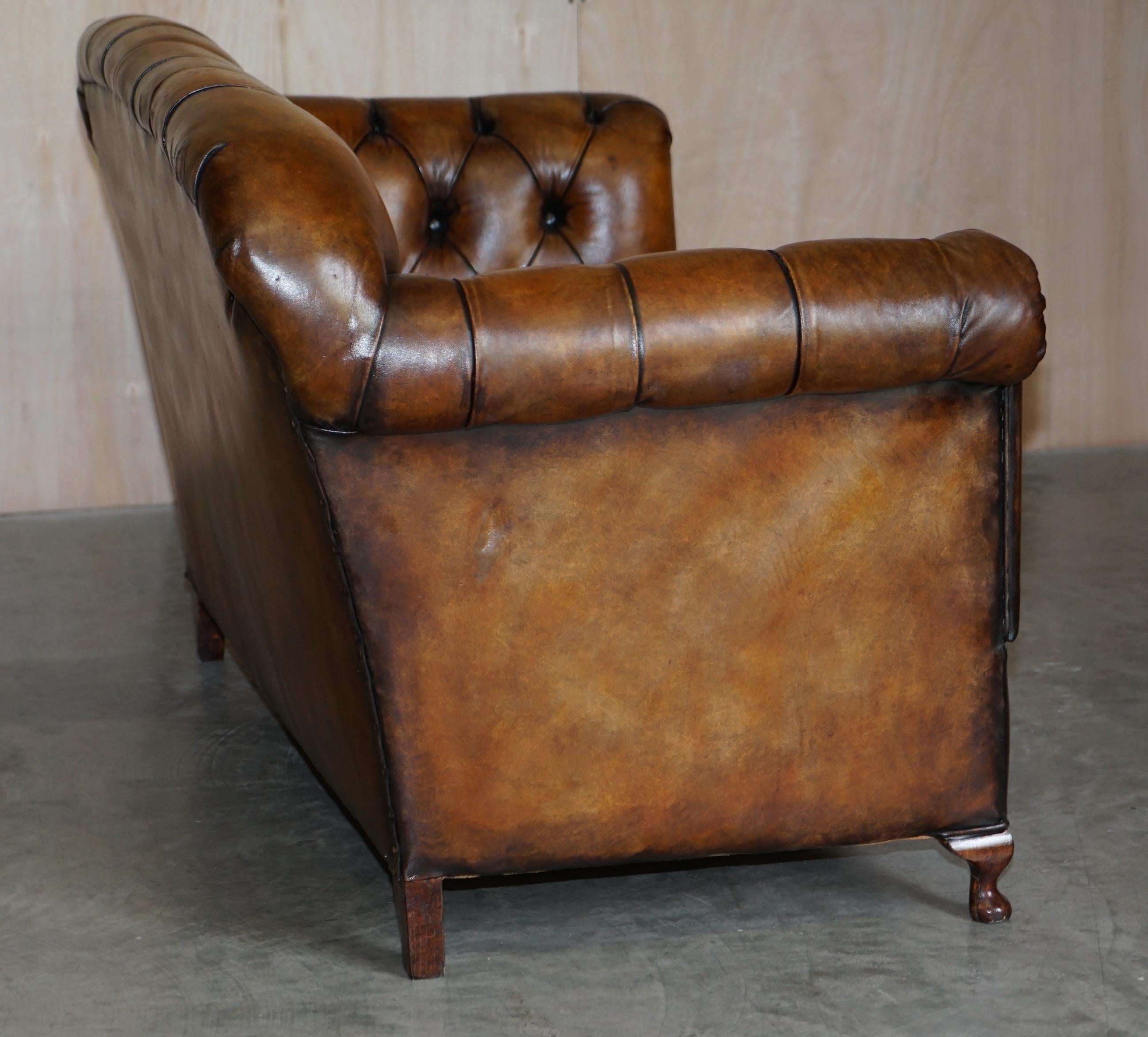 Pair of Restored Victorian Gentleman's Tufted Chesterfield Brown Leather Sofas 14