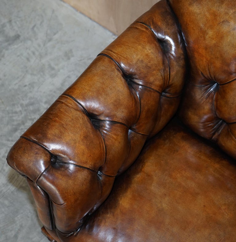 Pair of Restored Victorian Gentleman's Tufted Chesterfield Brown Leather Sofas For Sale 1