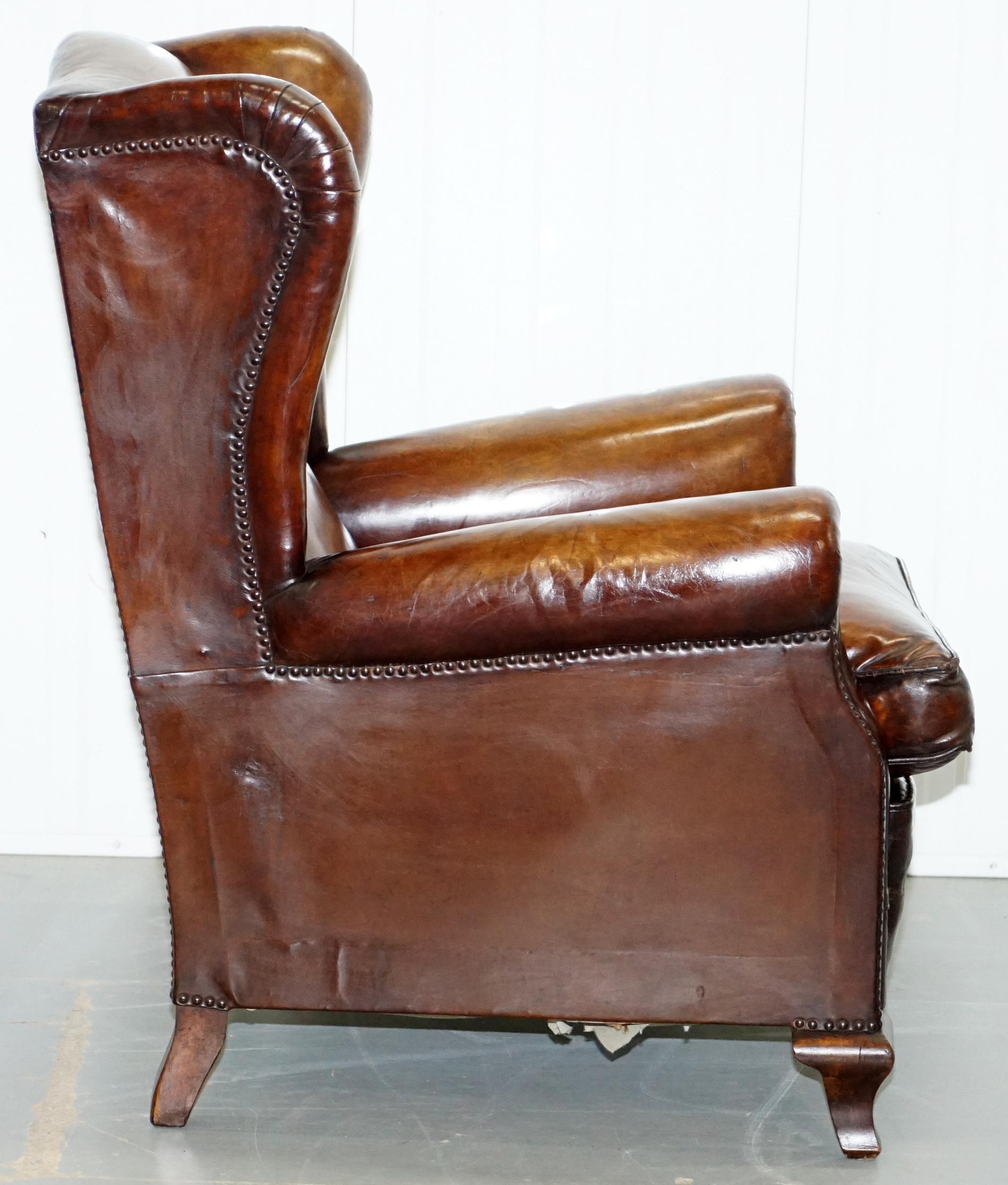 Pair of Restored Victorian Wingback Whisky Brown Leather Armchairs Feather Seats 4