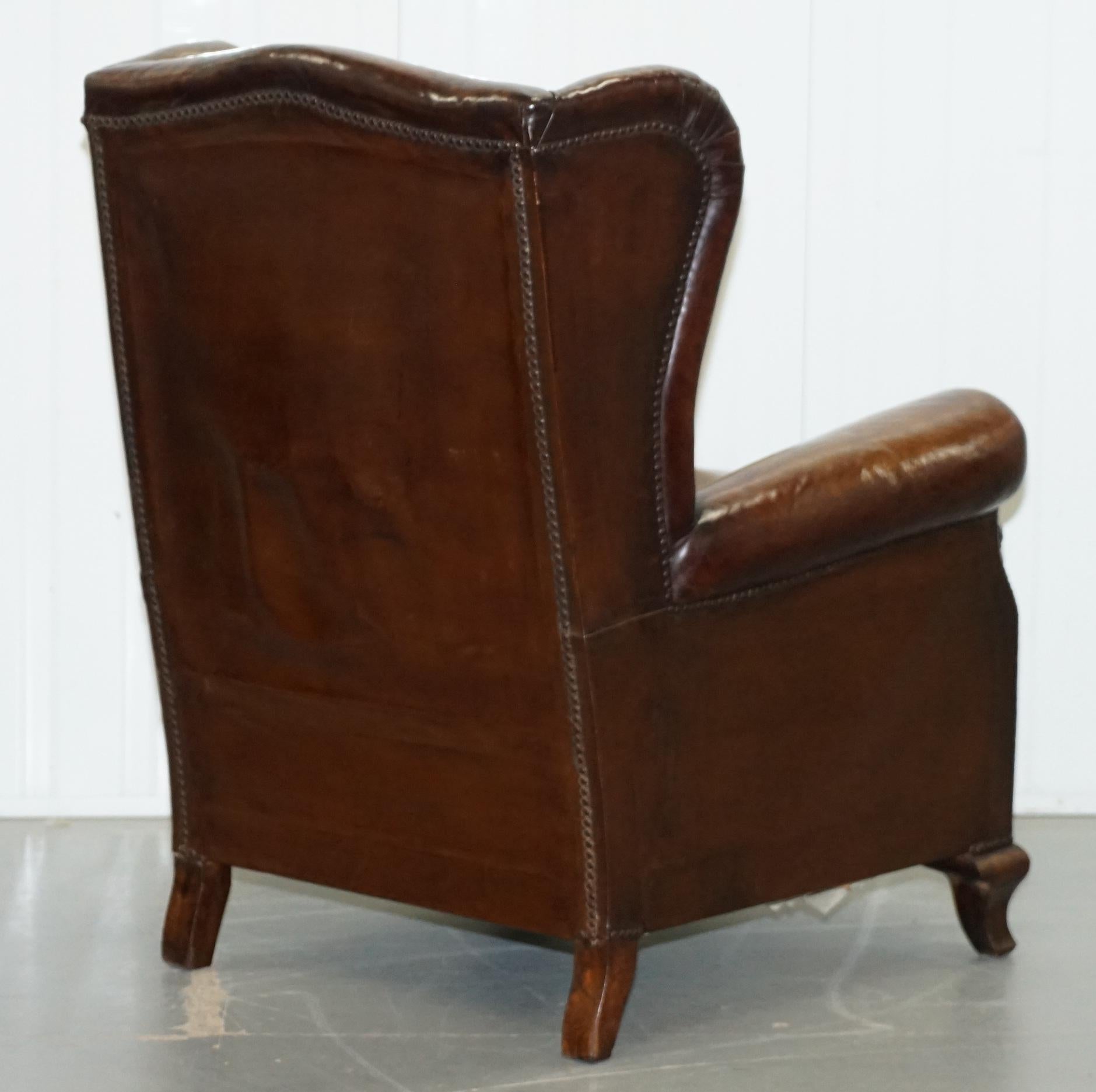 Pair of Restored Victorian Wingback Whisky Brown Leather Armchairs Feather Seats 5