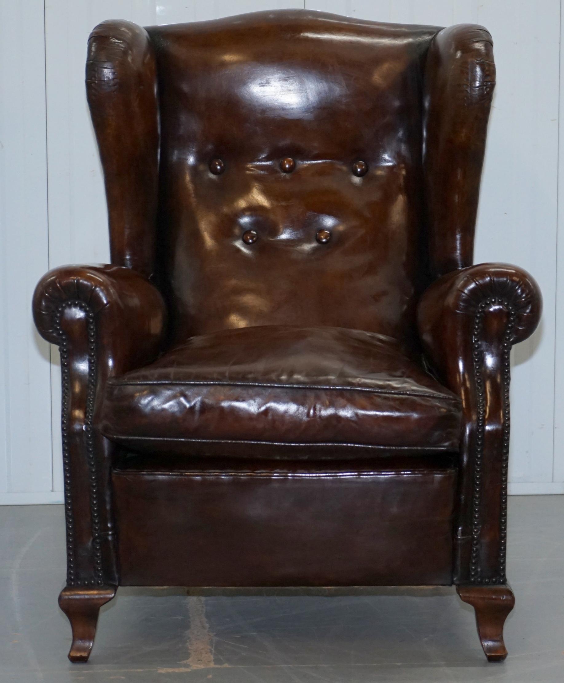 Pair of Restored Victorian Wingback Whisky Brown Leather Armchairs Feather Seats 7