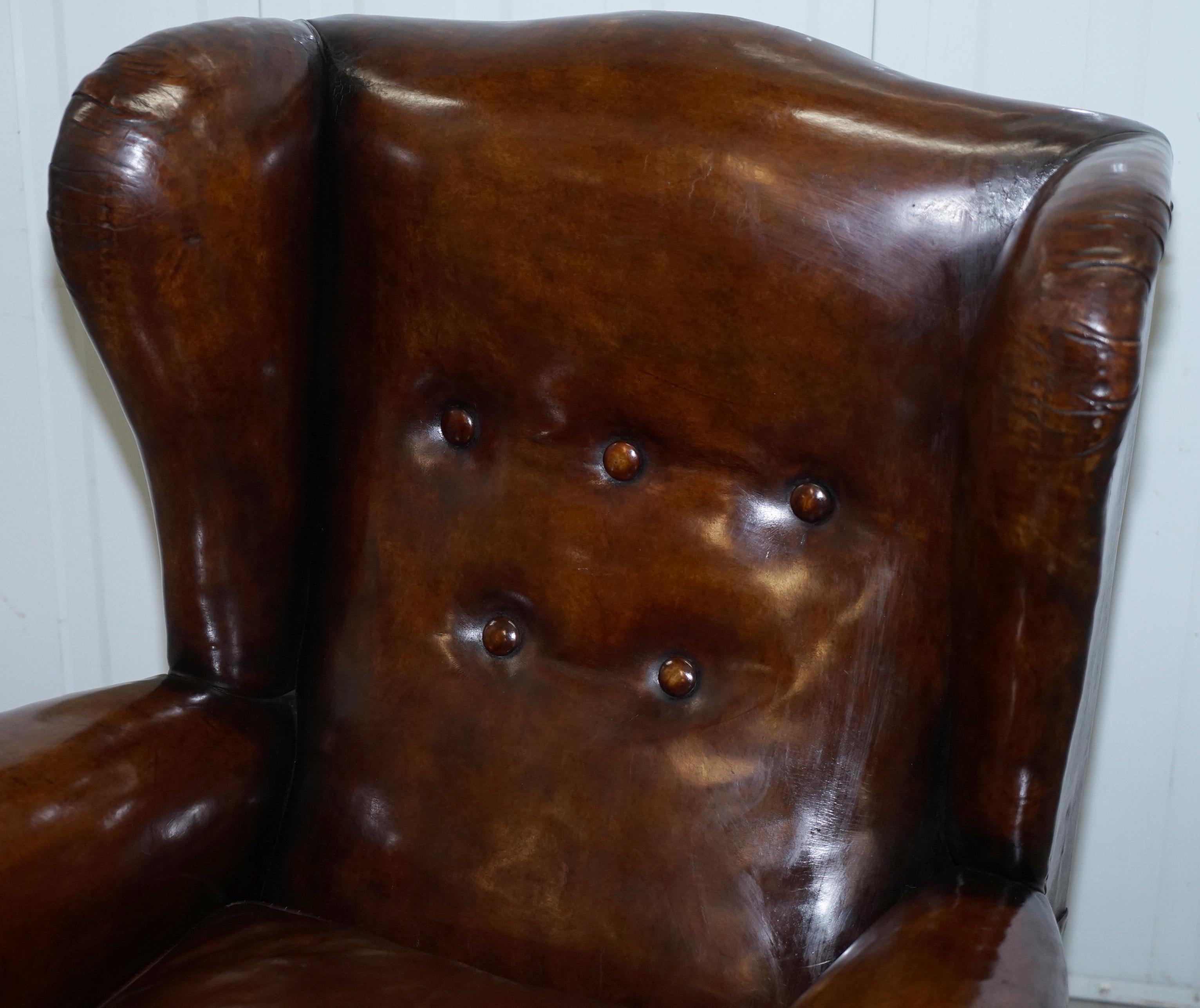 Pair of Restored Victorian Wingback Whisky Brown Leather Armchairs Feather Seats 8