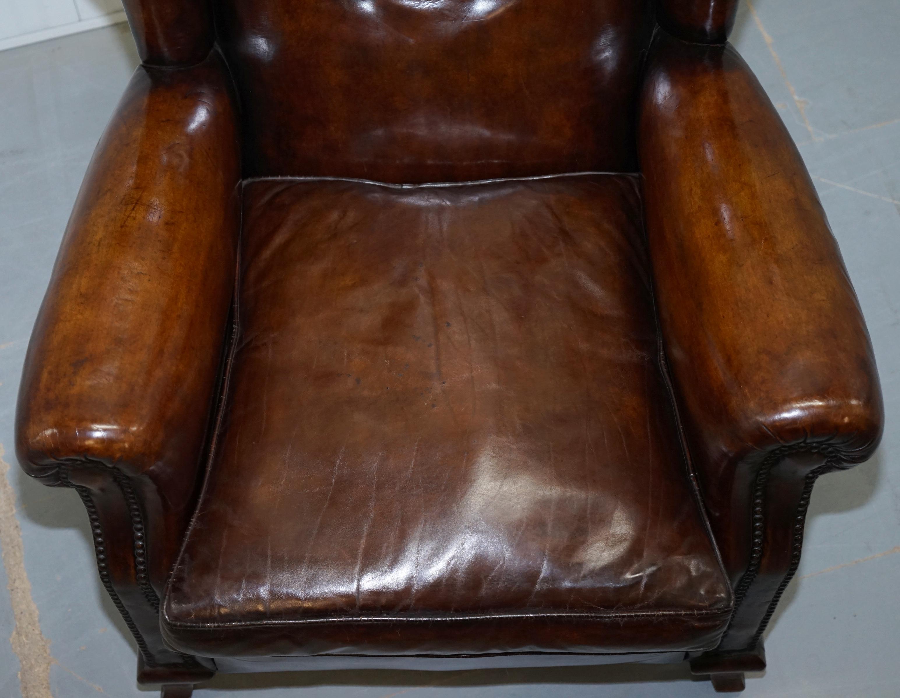 Pair of Restored Victorian Wingback Whisky Brown Leather Armchairs Feather Seats 10