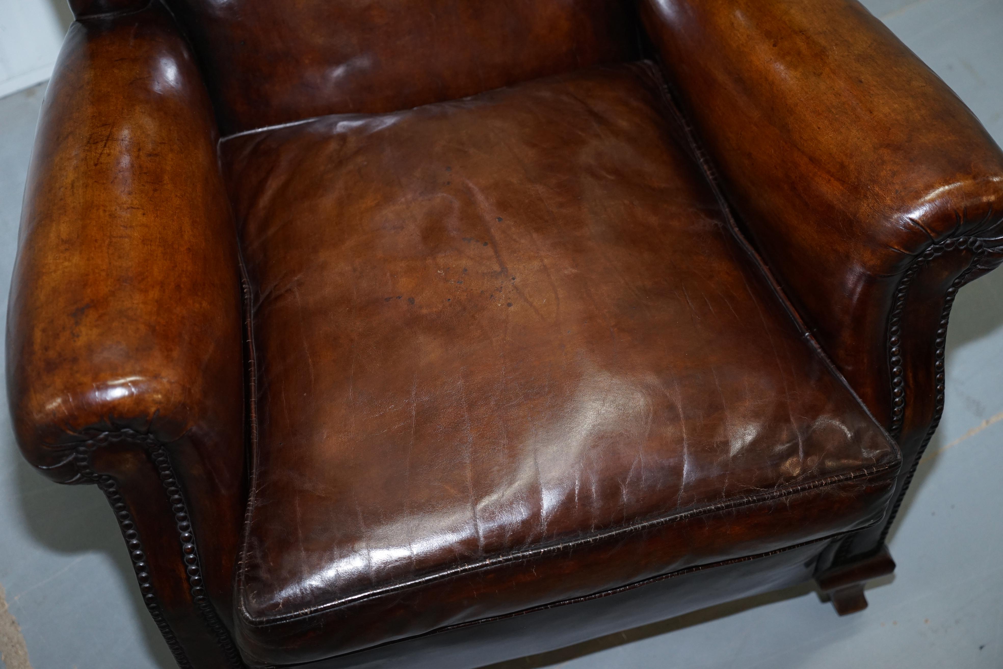 Pair of Restored Victorian Wingback Whisky Brown Leather Armchairs Feather Seats 11