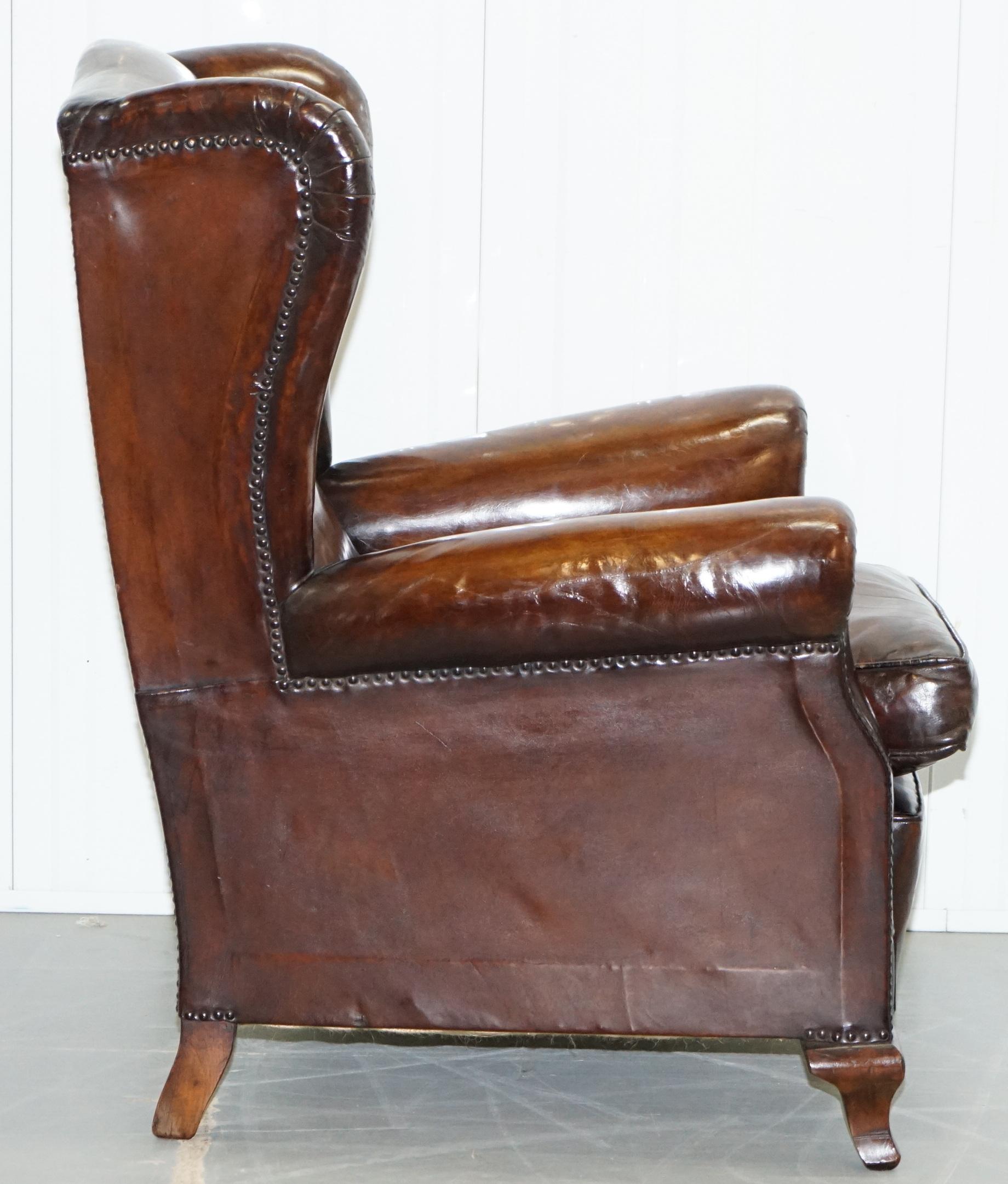 Pair of Restored Victorian Wingback Whisky Brown Leather Armchairs Feather Seats 12