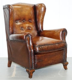 Pair of Restored Victorian Wingback Whisky Brown Leather Armchairs Feather Seats