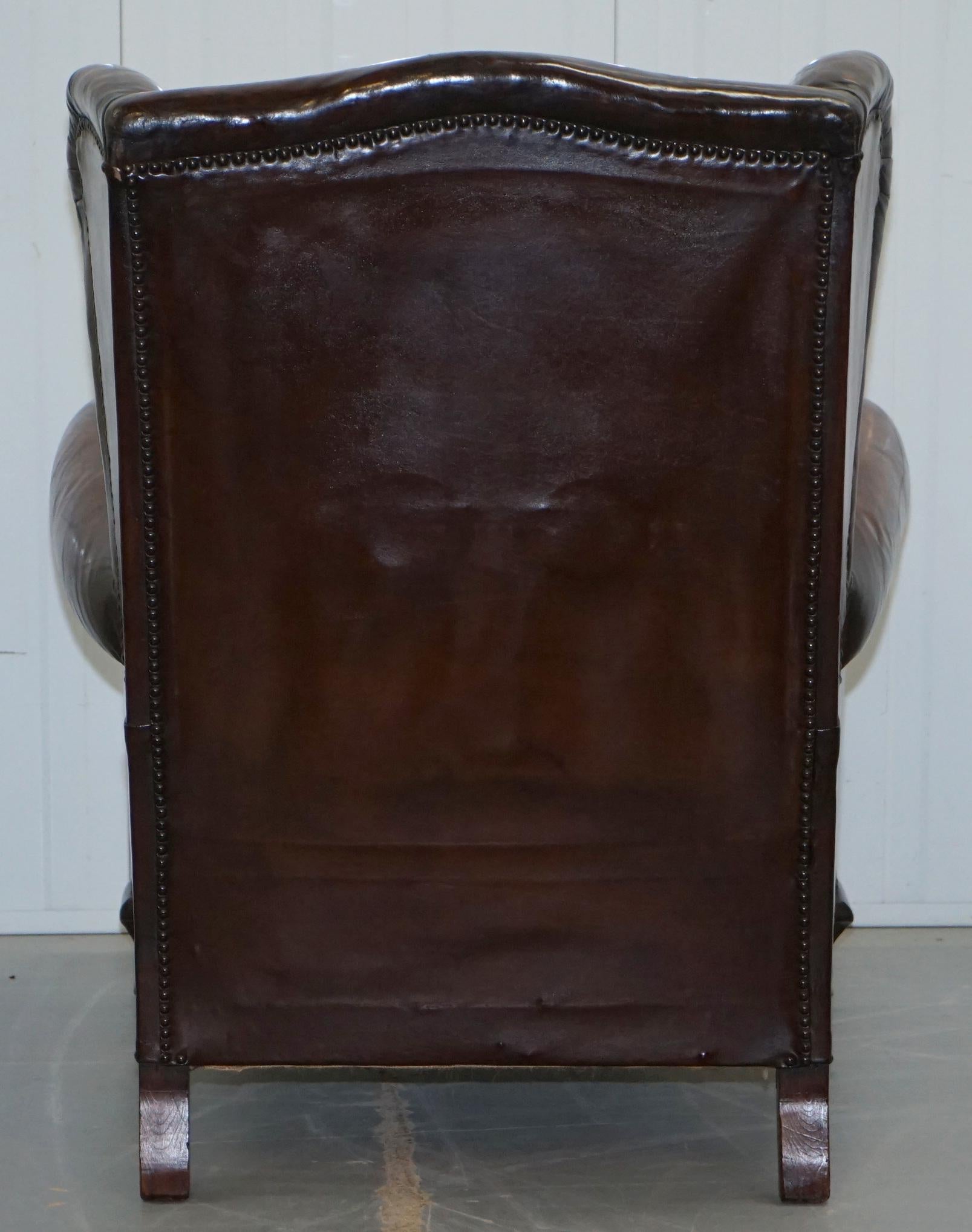Pair of Restored Victorian Wingback Whisky Brown Leather Armchairs Feather Seats 13