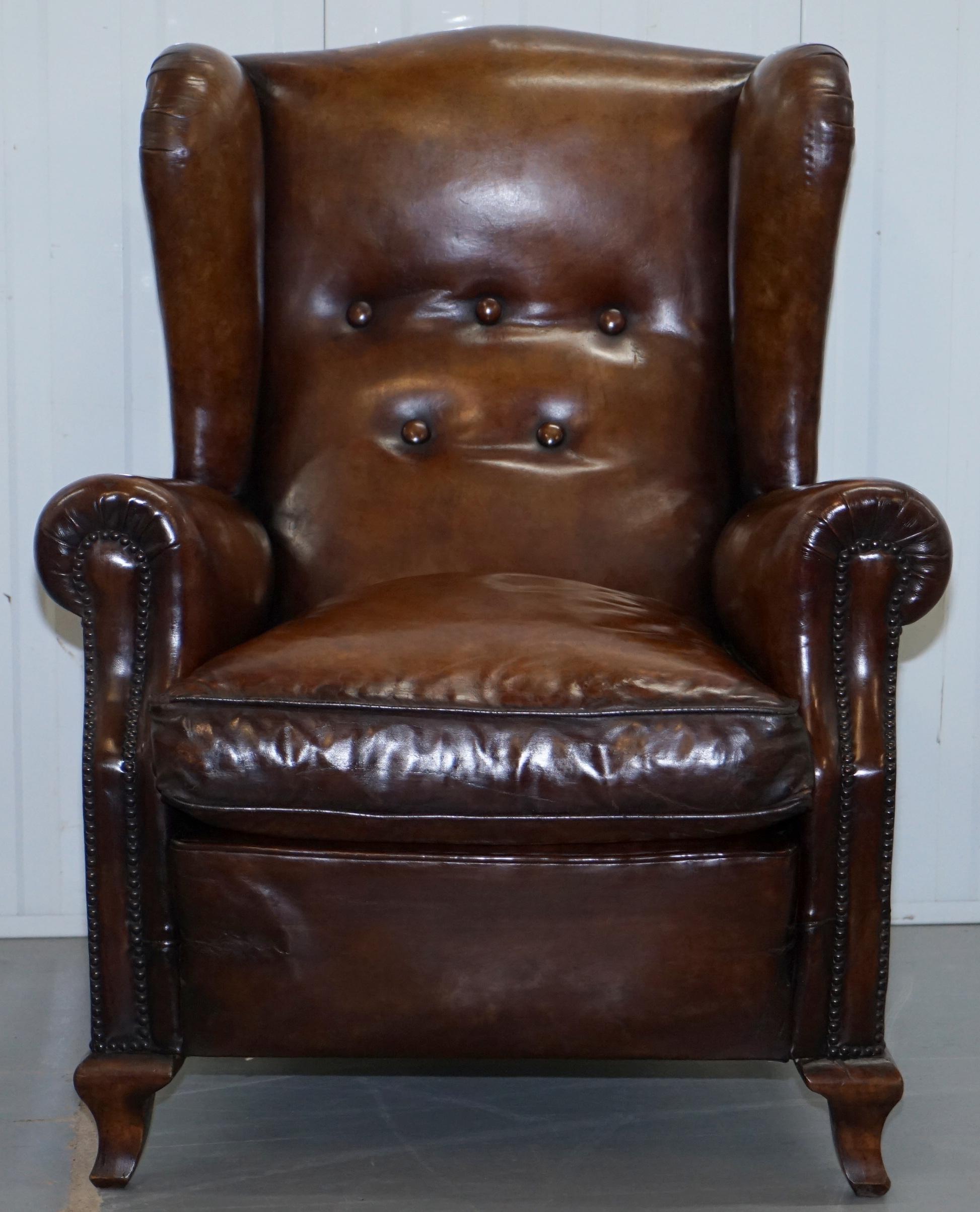 Pair of Restored Victorian Wingback Whisky Brown Leather Armchairs Feather Seats (Viktorianisch)