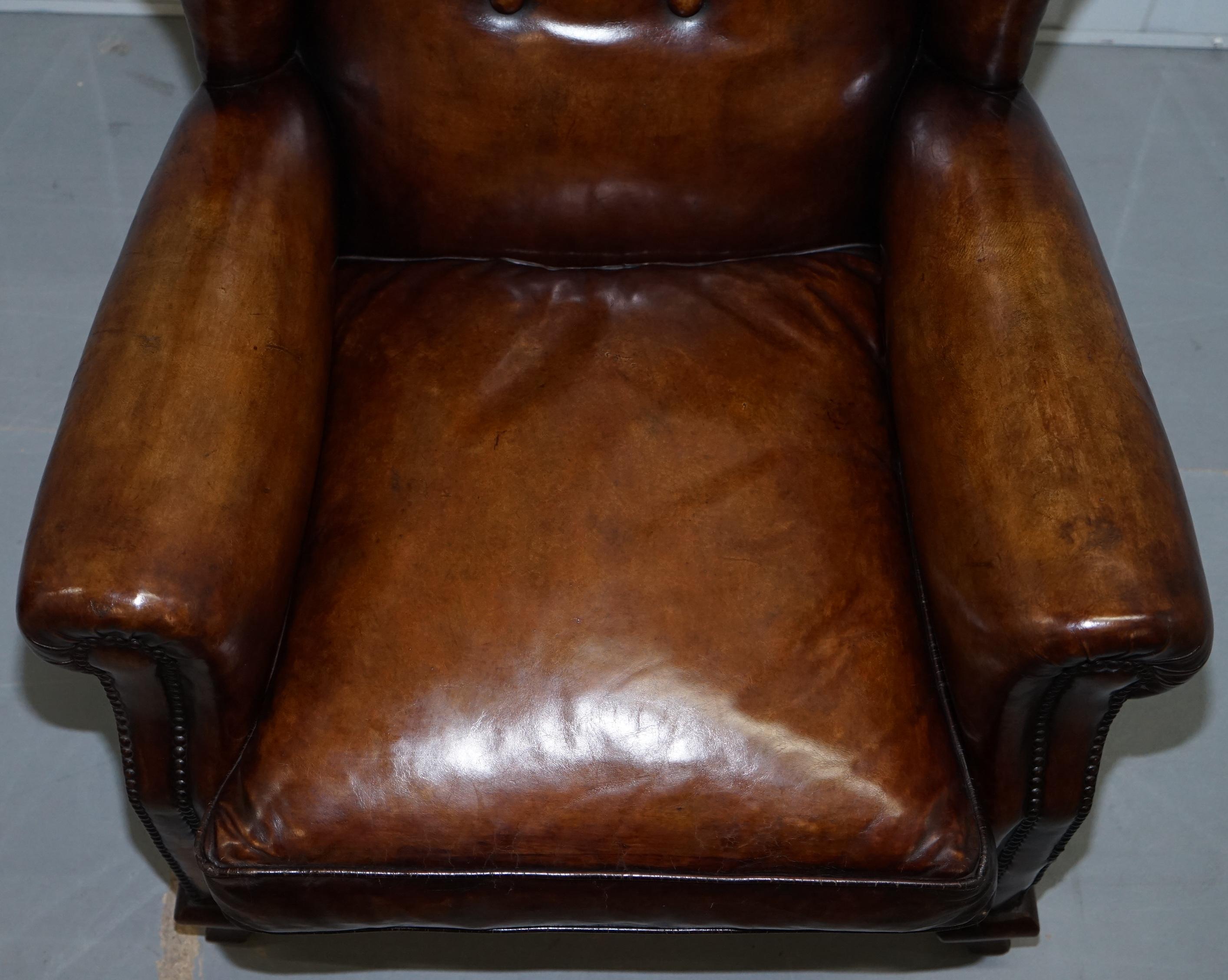 Pair of Restored Victorian Wingback Whisky Brown Leather Armchairs Feather Seats (Leder)