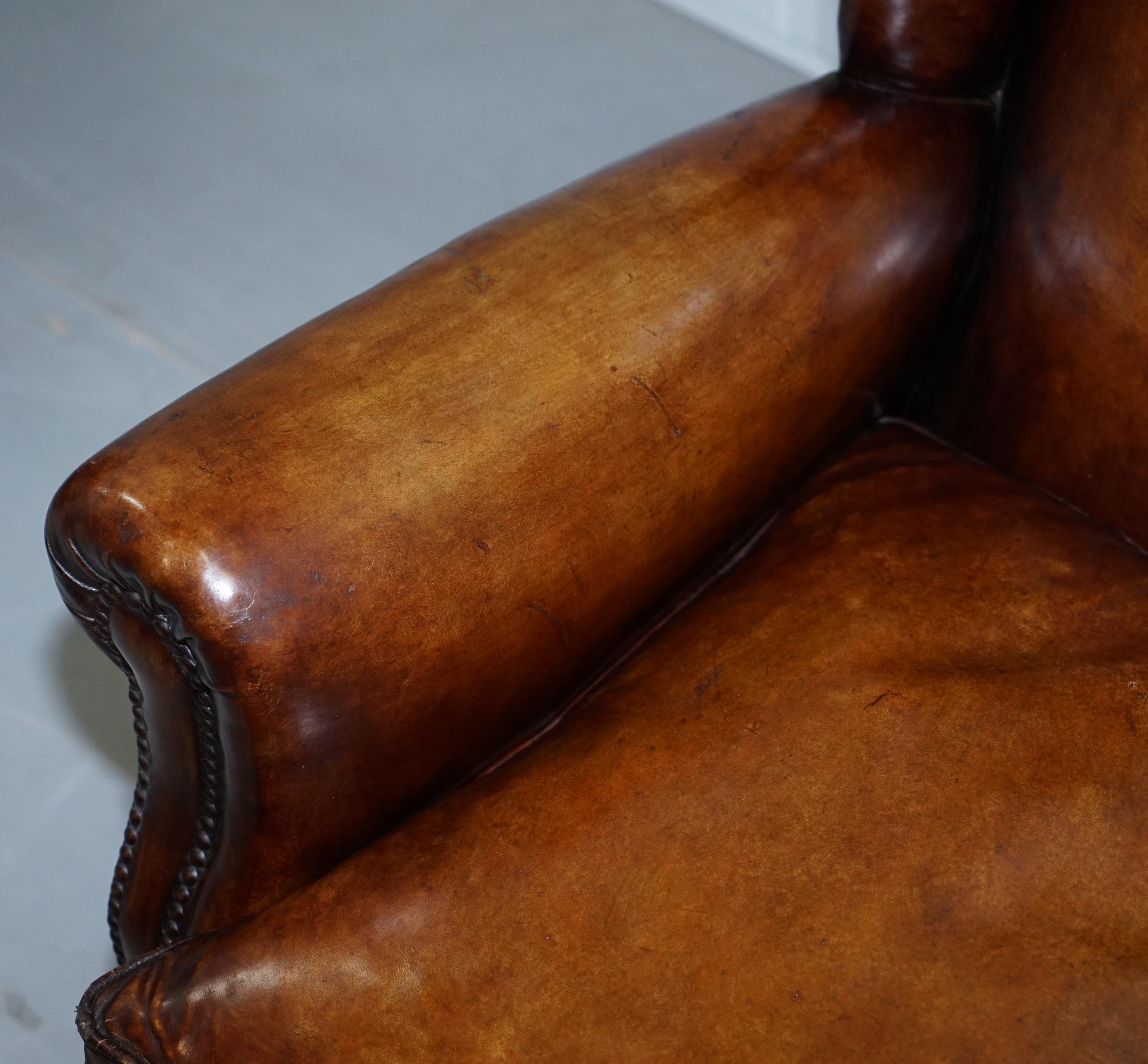 Pair of Restored Victorian Wingback Whisky Brown Leather Armchairs Feather Seats 1