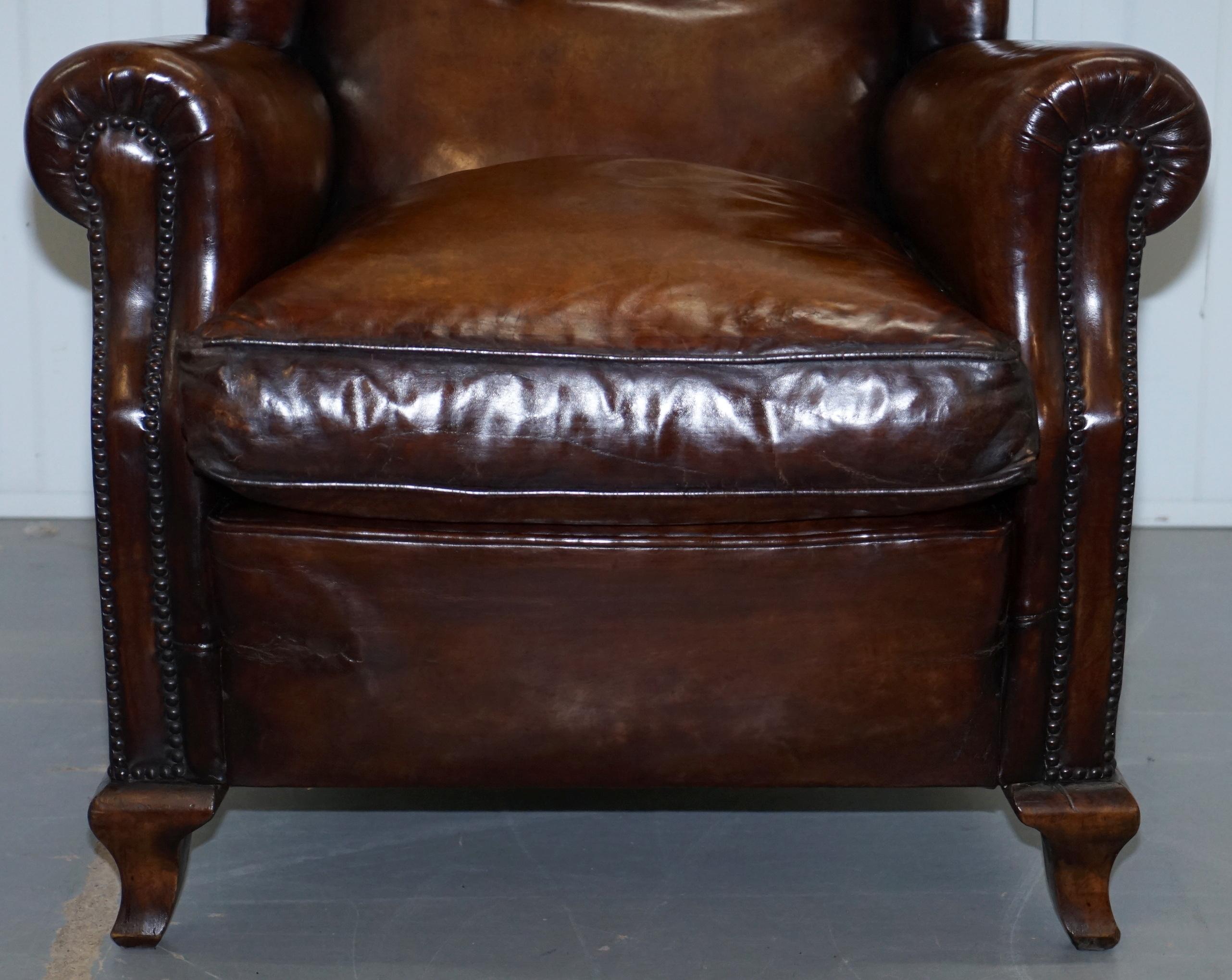 Pair of Restored Victorian Wingback Whisky Brown Leather Armchairs Feather Seats 2