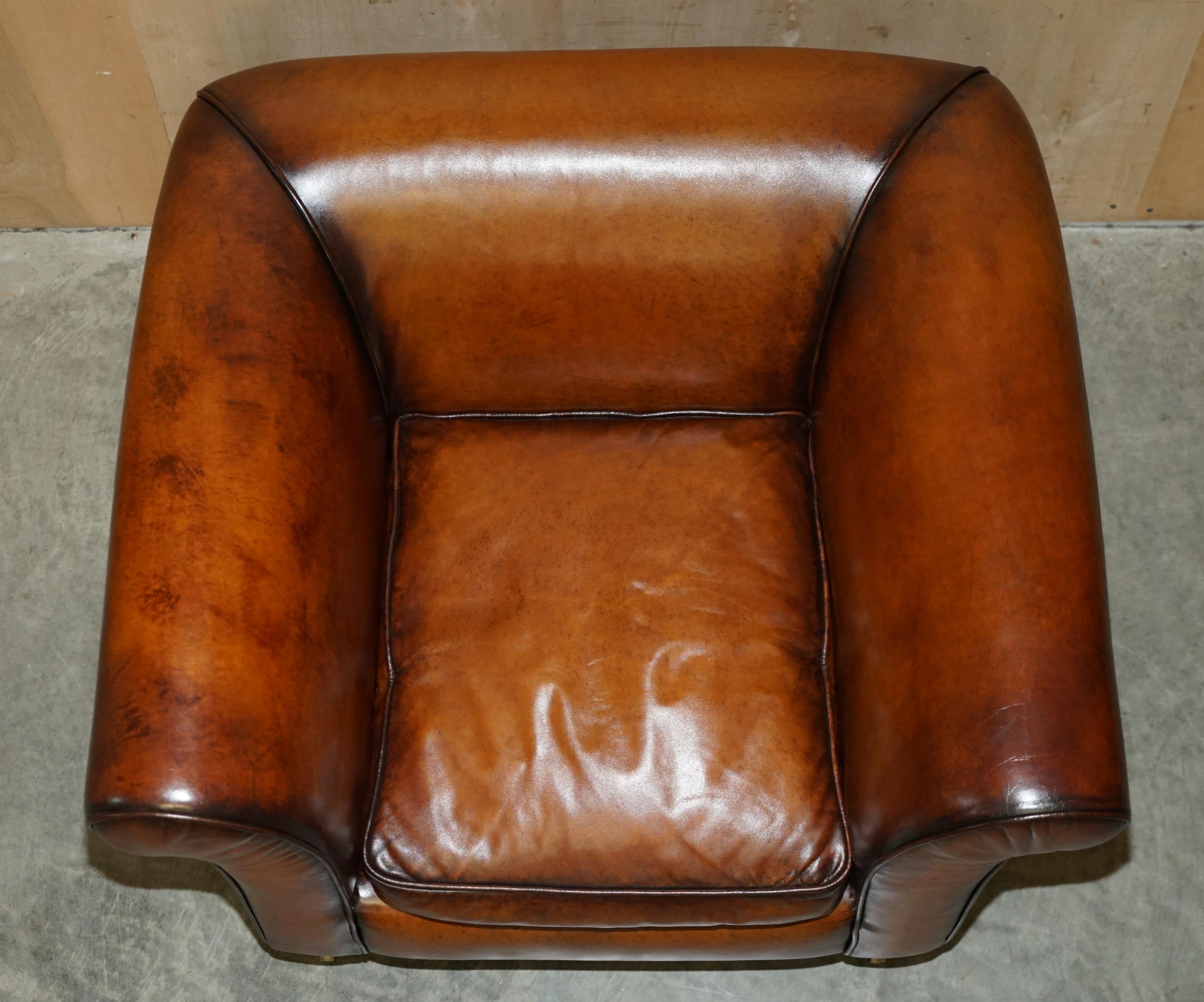 PAIR OF RESTORED VINTAGE ART DECO HAND DYED CIGAR BROWN LEATHER CLUB ARMCHAIRs 4