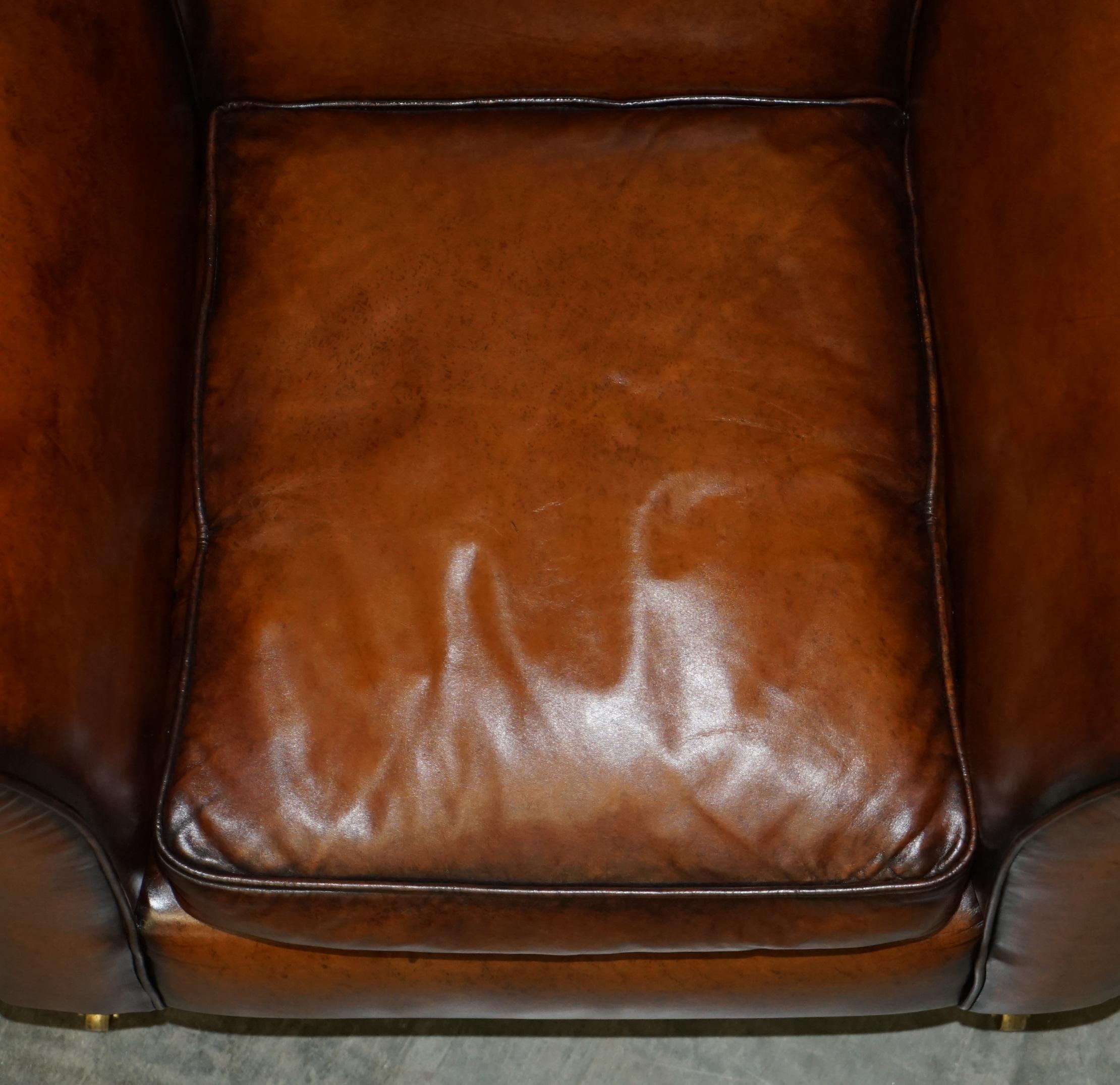 PAIR OF RESTORED VINTAGE ART DECO HAND DYED CIGAR BROWN LEATHER CLUB ARMCHAIRs 5