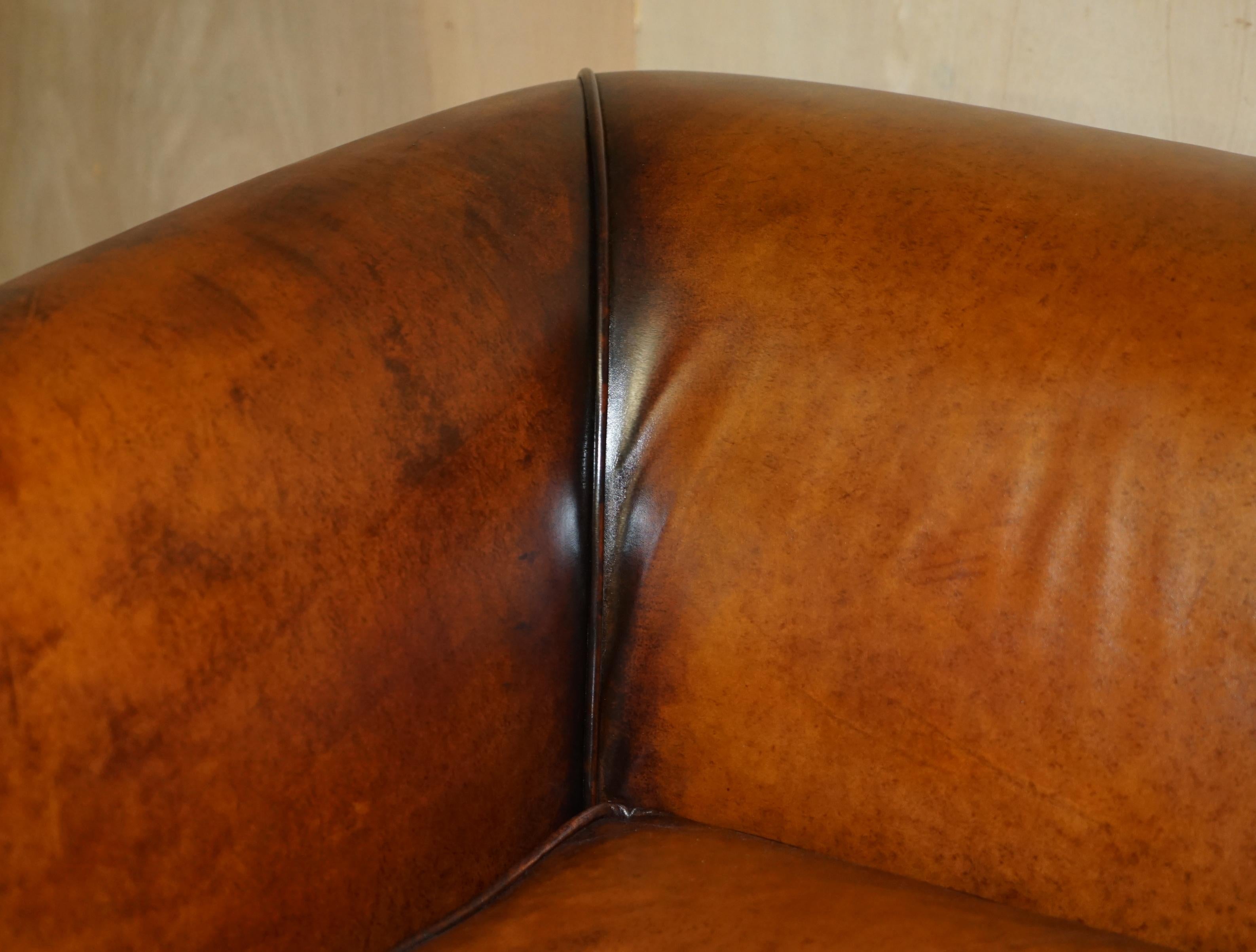 PAIR OF RESTORED VINTAGE ART DECO HAND DYED CIGAR BROWN LEATHER CLUB ARMCHAIRs 6