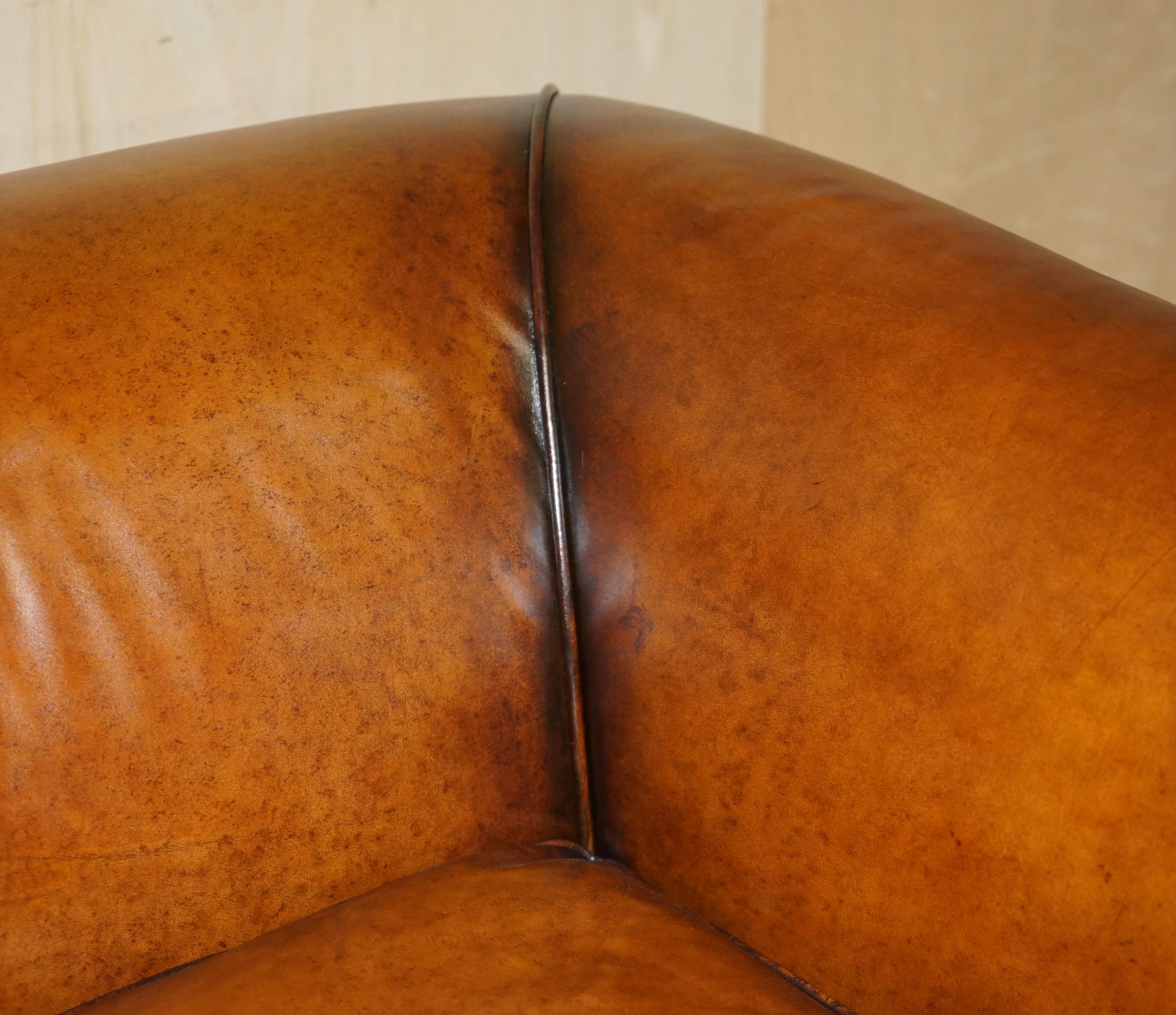 PAIR OF RESTORED VINTAGE ART DECO HAND DYED CIGAR BROWN LEATHER CLUB ARMCHAIRs 7