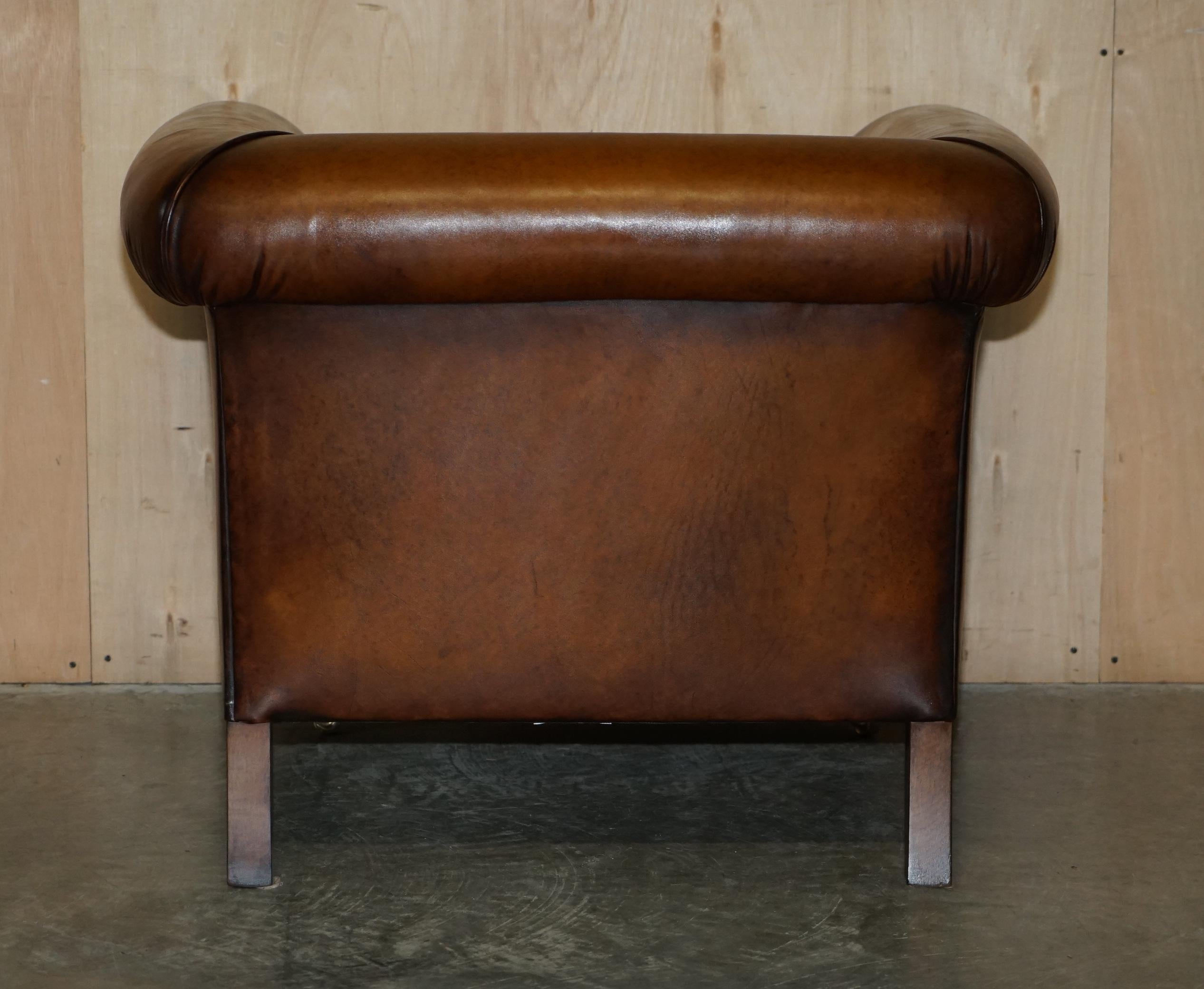 PAIR OF RESTORED VINTAGE ART DECO HAND DYED CIGAR BROWN LEATHER CLUB ARMCHAIRs 9