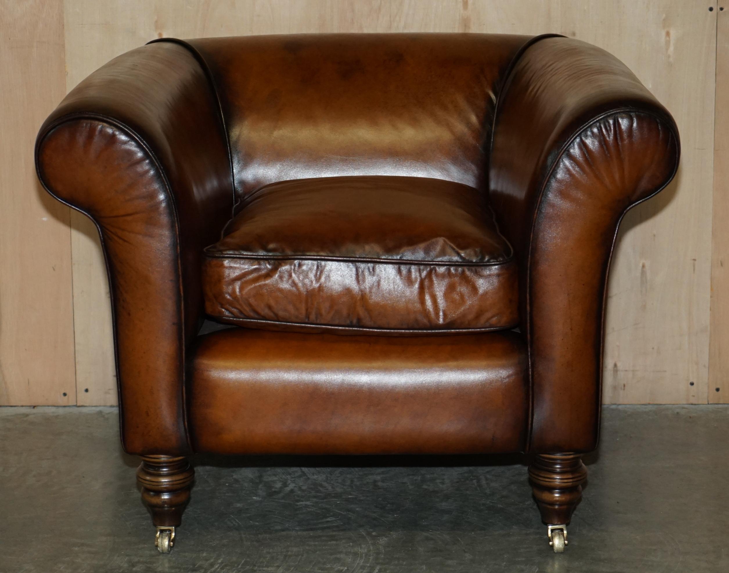 PAIR OF RESTORED VINTAGE ART DECO HAND DYED CIGAR BROWN LEATHER CLUB ARMCHAIRs 11
