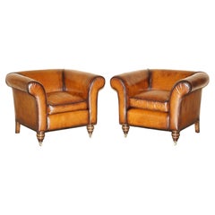 PAIR OF RESTORED VINTAGE ART DECO HAND DYED CIGAR BROWN LEATHER CLUB ARMCHAIRs