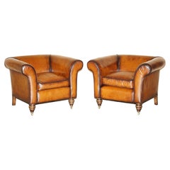 PAIR OF RESTORED VINTAGE ART DECO HAND DYED CIGAR BROWN LEATHER CLUB ARMCHAIRs