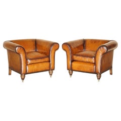 PAIR OF RESTORED Vintage ART DECO HAND DYED CIGAR BROWN LEATHER CLUB ARMCHAIRs