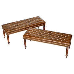 Pair of Restored Vintage Chesterfield Brown Leather Hand Dyed Stool Benches