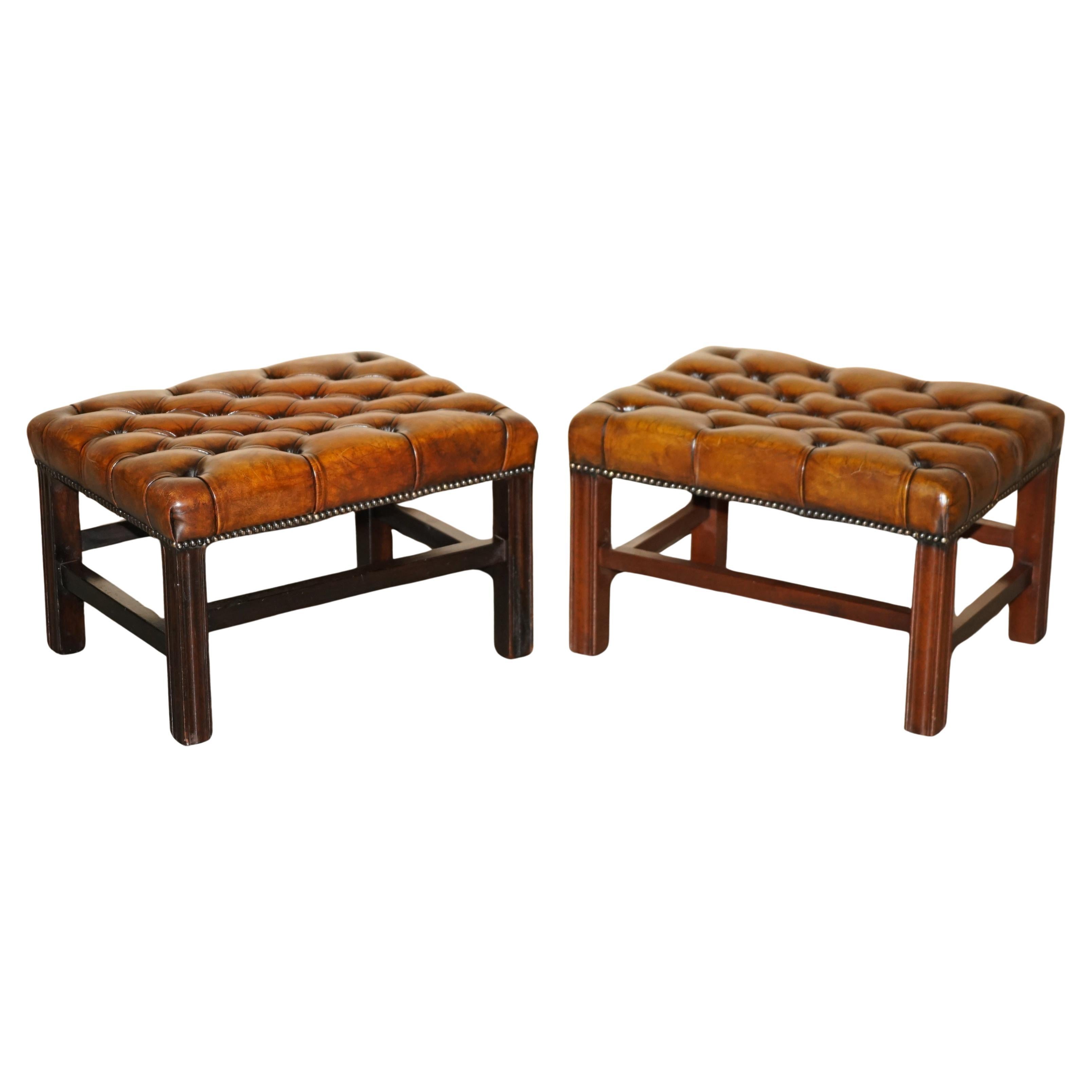 PAIR OF RESTORED ViNTAGE HAND DYED BROWN LEATHER CHESTERFIELD TUFTED FOOTSTOOLS