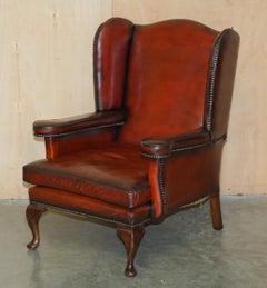 PAIR OF RESTORED VINTAGE LEATHER WINGBACK ARMCHAIRS WILLIAM MORRIS FLAT TOP ARMs