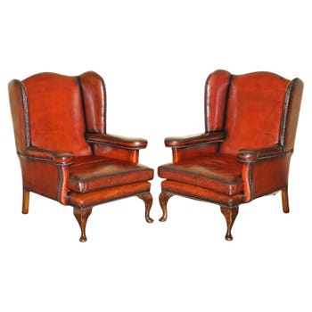 PAIR OF RESTORED VINTAGE LEATHER WINGBACK ARMCHAIRS WILLIAM MORRIS FLAT TOP ARMs