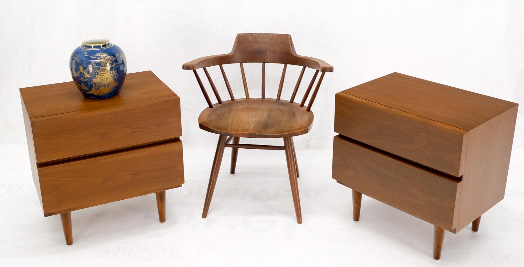 Pair of mid century American modern walnut block front nightstands end tables.