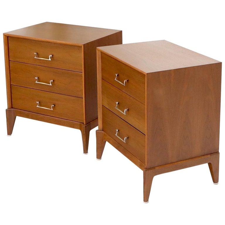 Pair of restored walnut three drawers nightstands end tables at 1stDibs