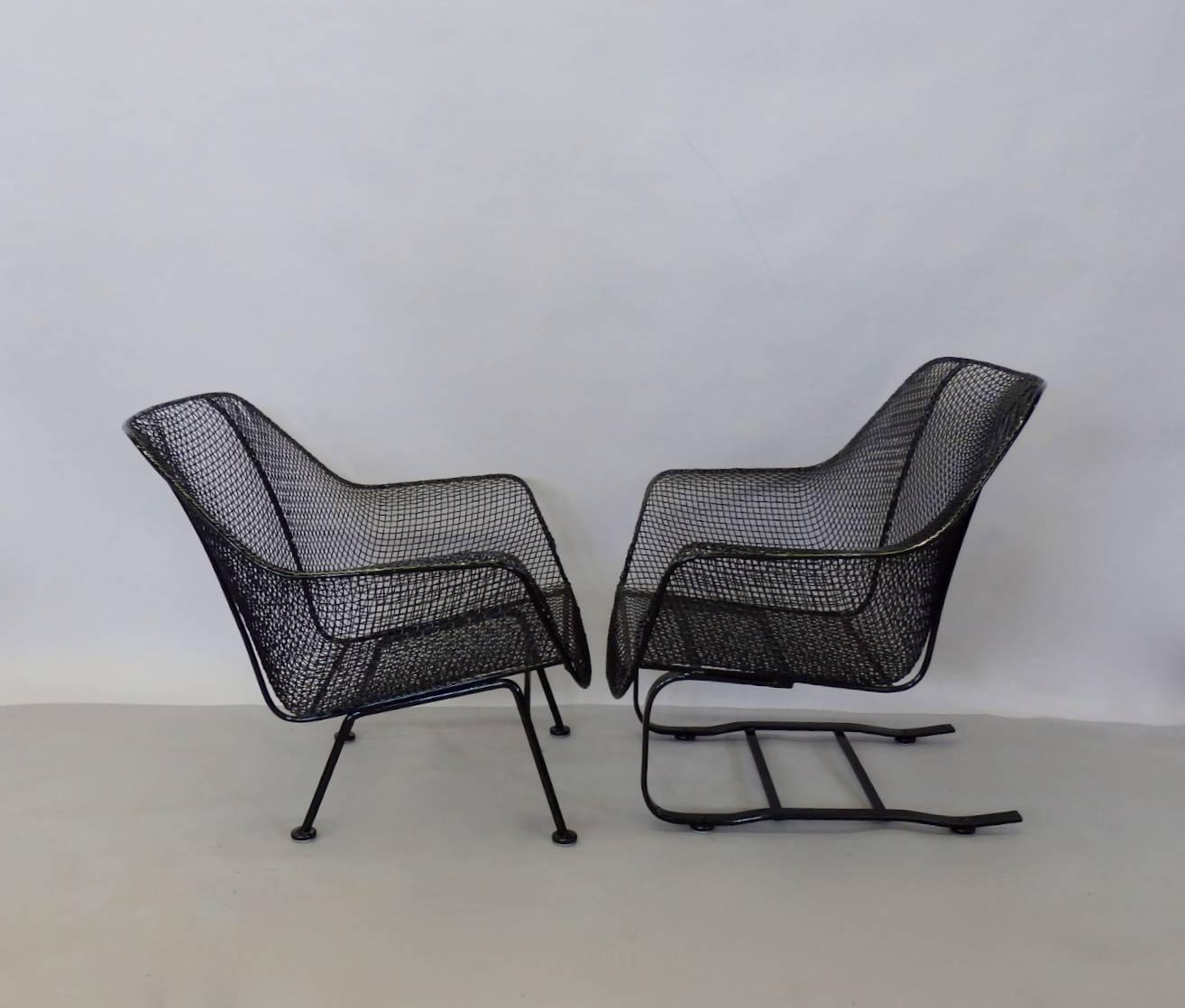 Powder-Coated Pair of Restored Woodard Large Wrought Iron Lounge Chairs