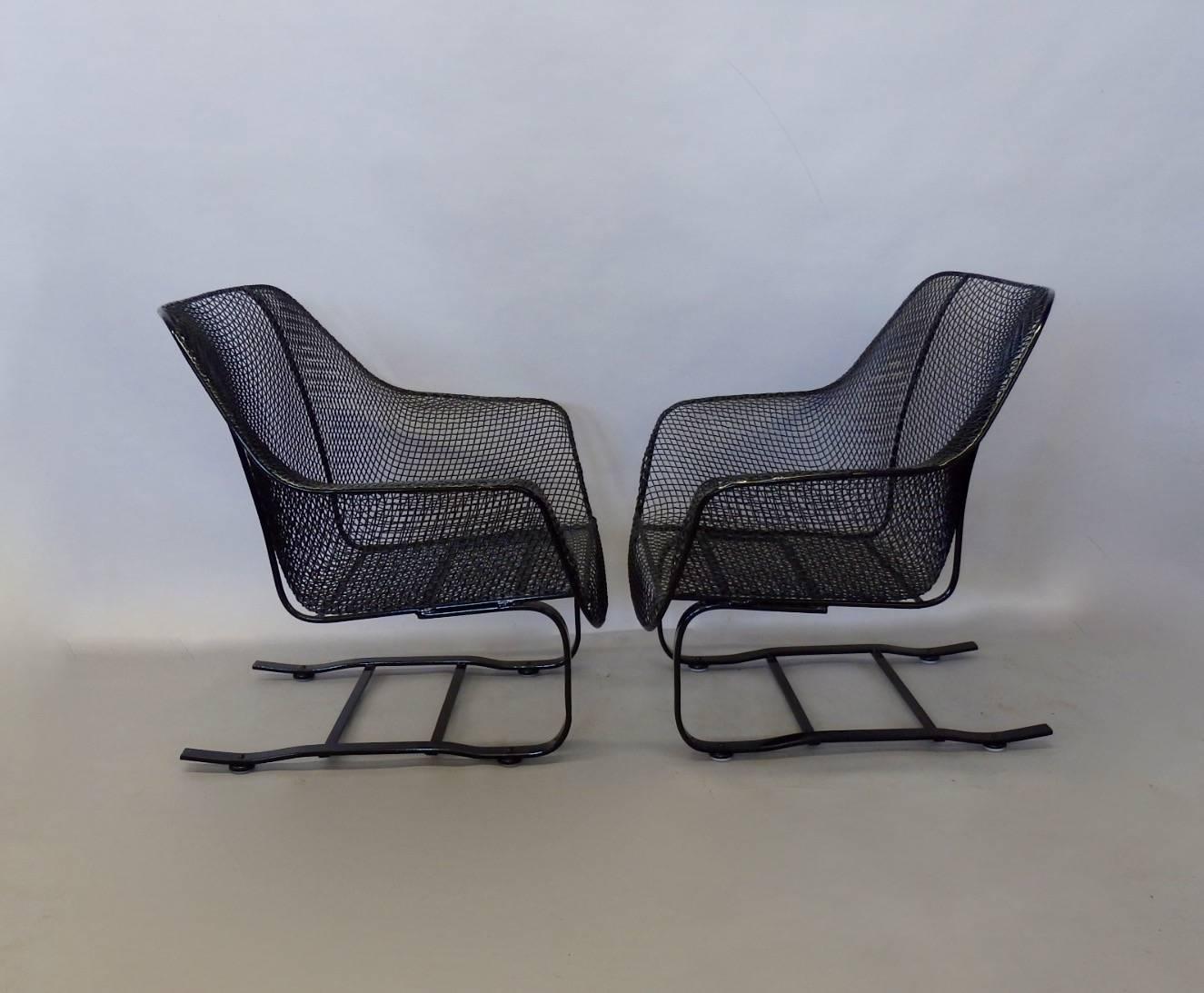 Mid-Century Modern Pair of Restored Woodard Wrought Iron Cantilever Spring Base Lounge Chairs