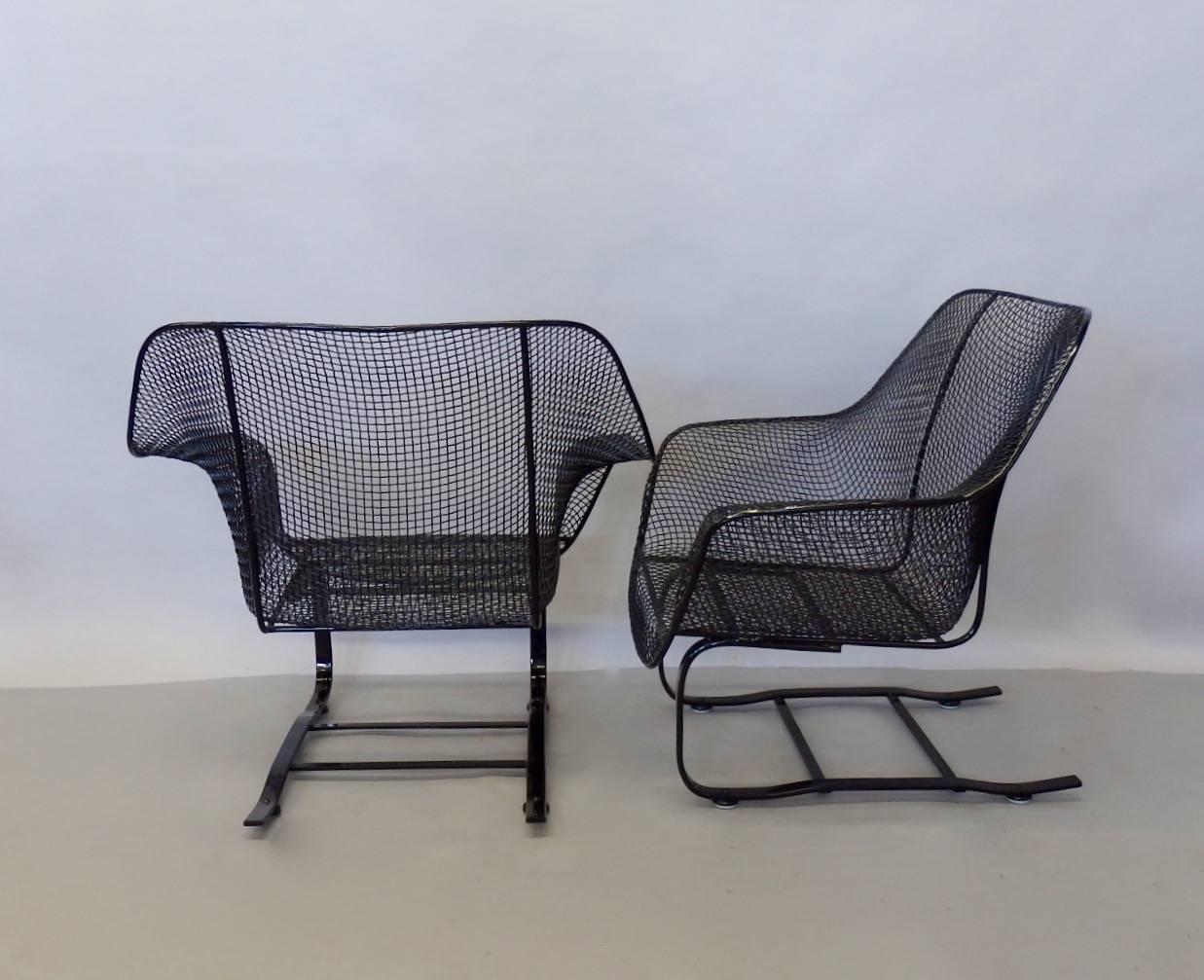 American Pair of Restored Woodard Wrought Iron Cantilever Spring Base Lounge Chairs